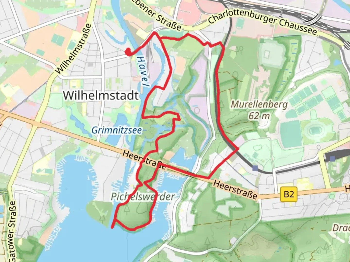 An image depicting the trail Pichelswerder and Siemenswerderweg Loop and its surrounding area.