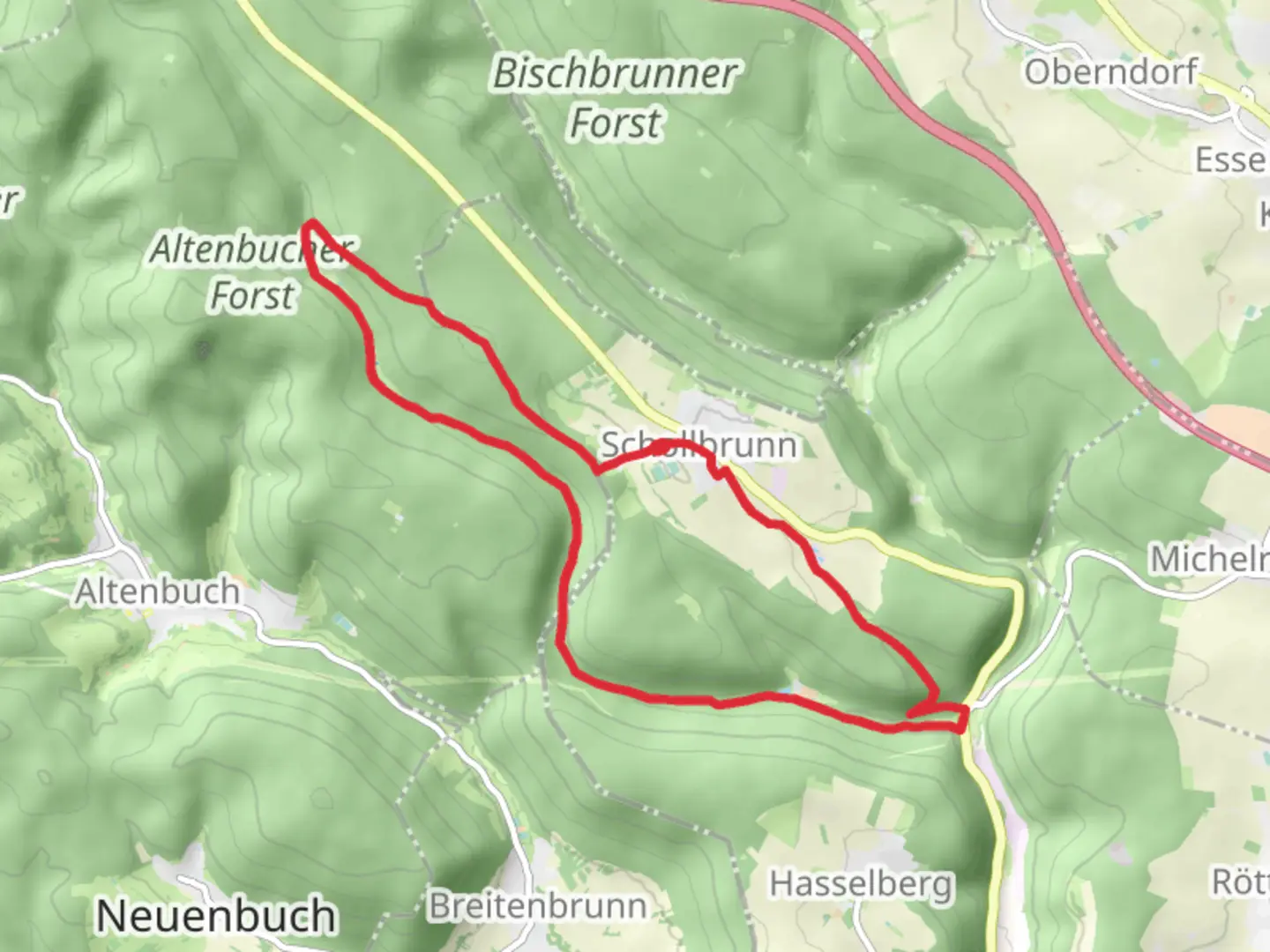 An image depicting the trail Schlolbrunn Loop via Altenbucher Forst and its surrounding area.