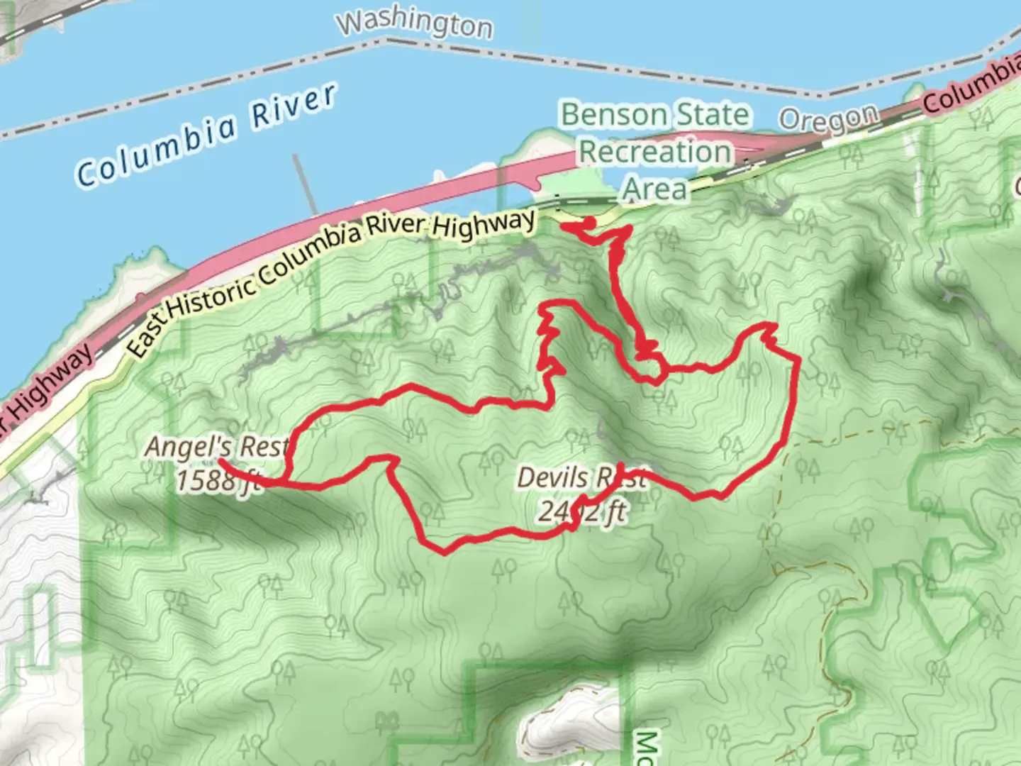 An image depicting the trail Devils Rest and Angel's Rest Loop and its surrounding area.