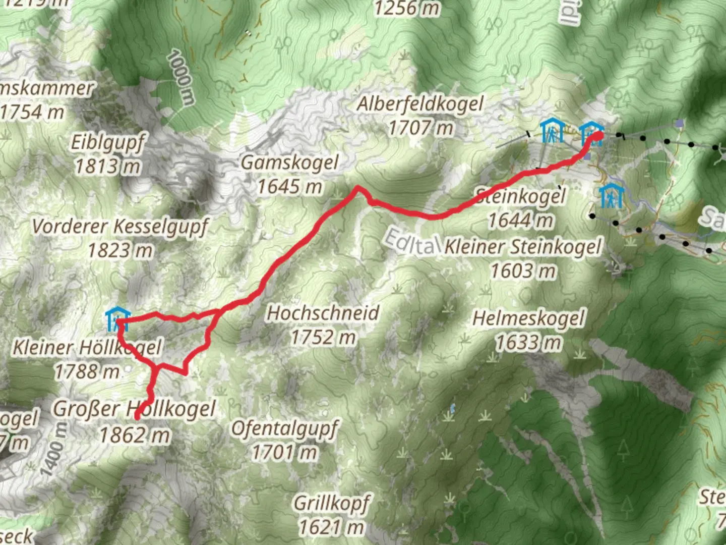 An image depicting the trail Rieder Hütte - Big Höllkogel up on Höllengebirge at Ebensee and its surrounding area.