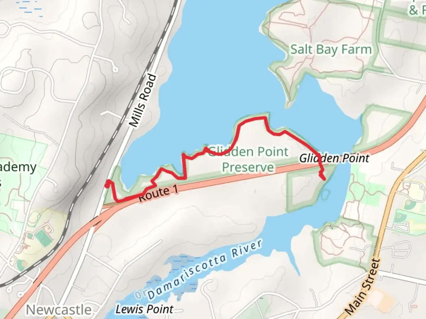 An image depicting the trail Glidden Point from Mills Road and its surrounding area.