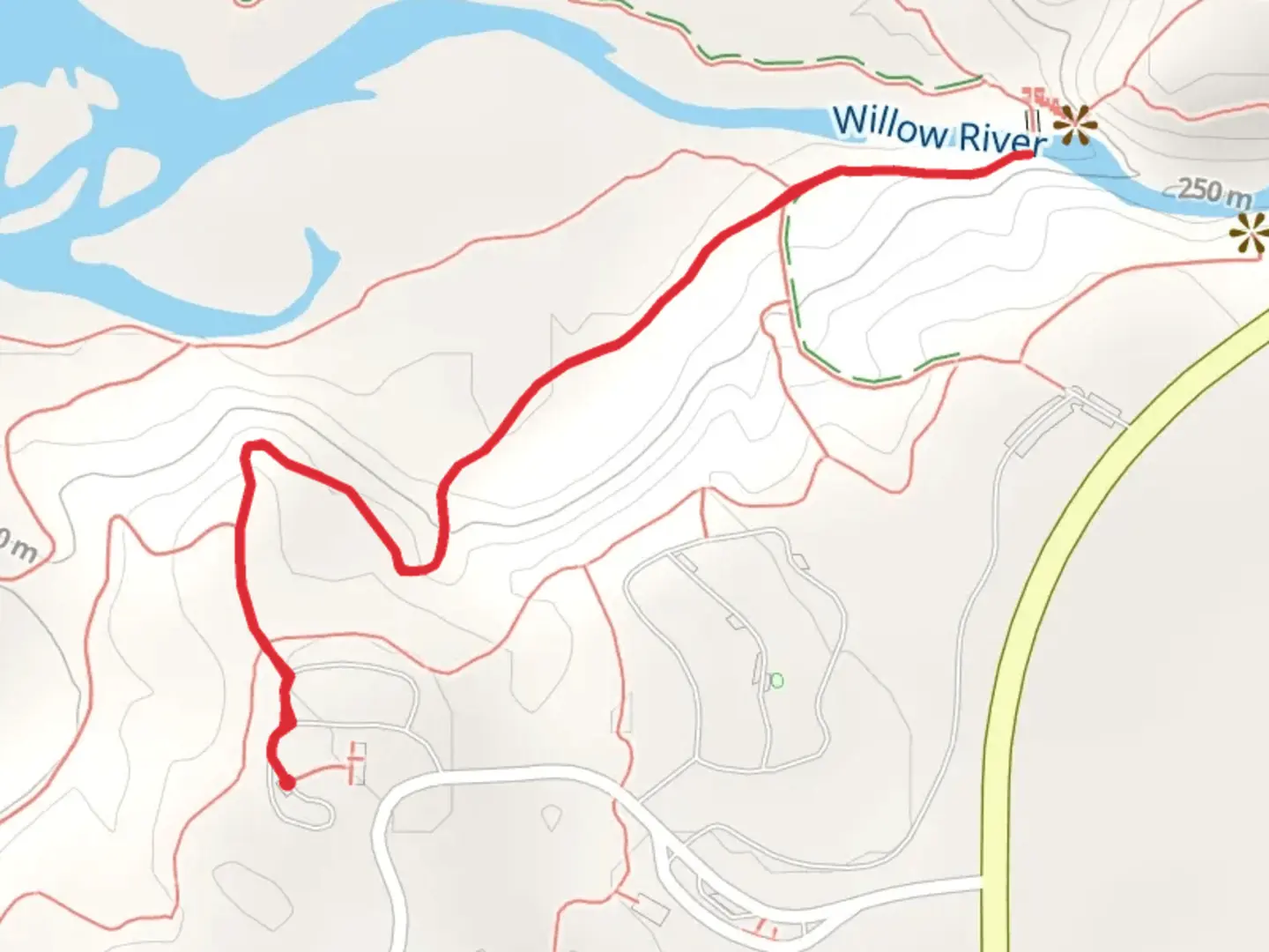 An image depicting the trail Willow Falls via Falls Snowshoe Trail and its surrounding area.