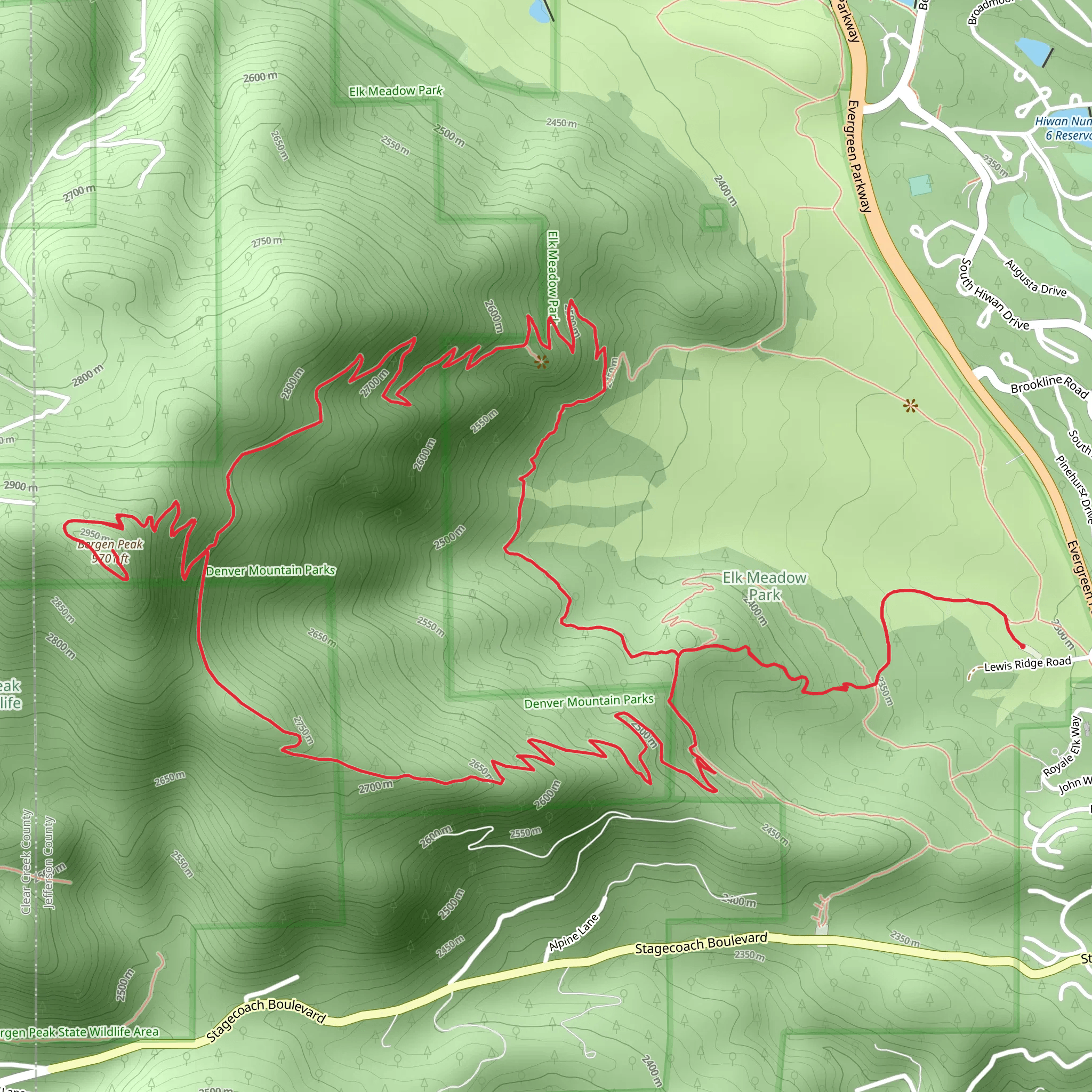 Bergen Peak Loop via Meadow Trail and Too Long Trail mobile static map