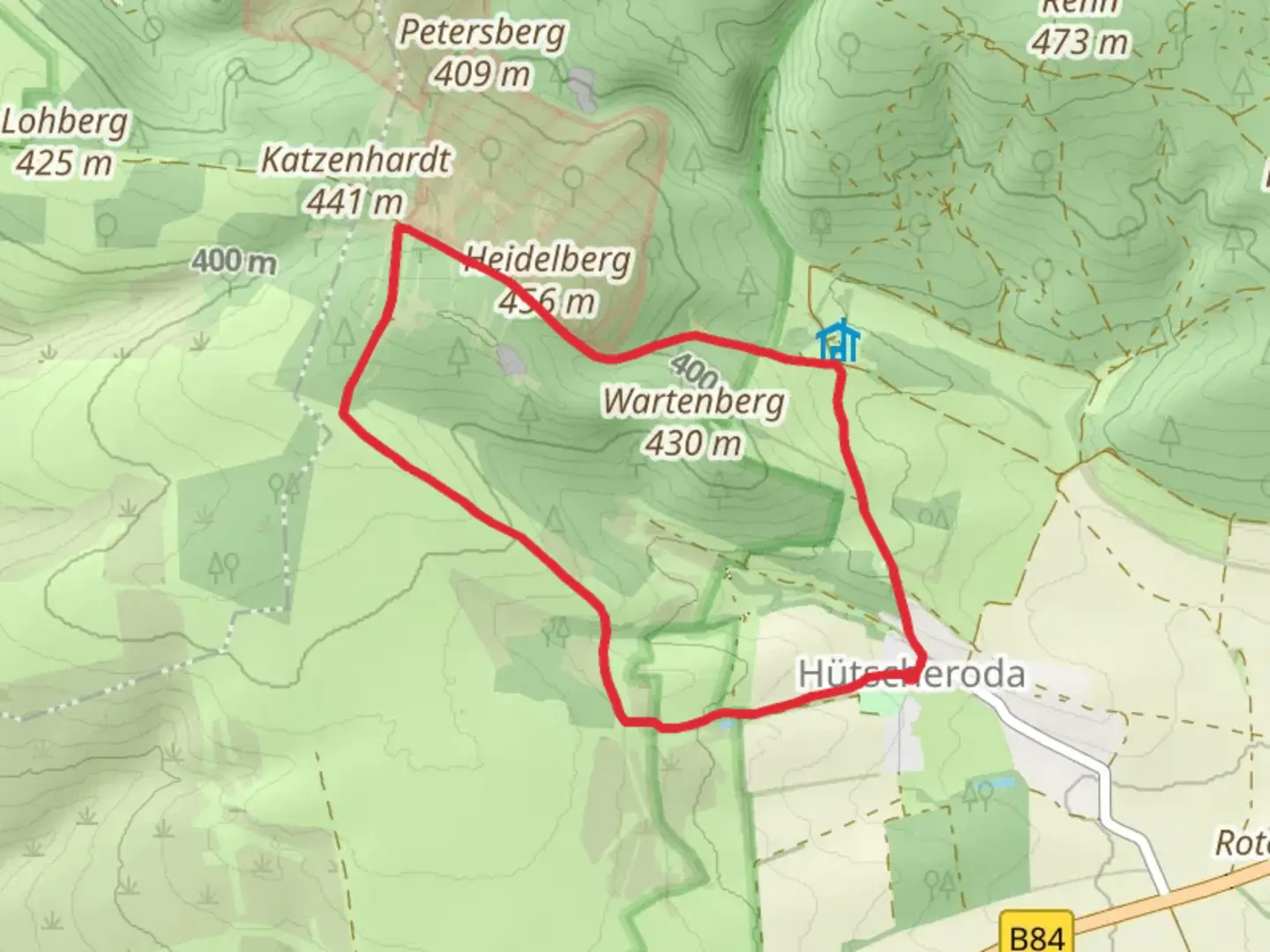 An image depicting the trail Hütscheroda Loop and its surrounding area.