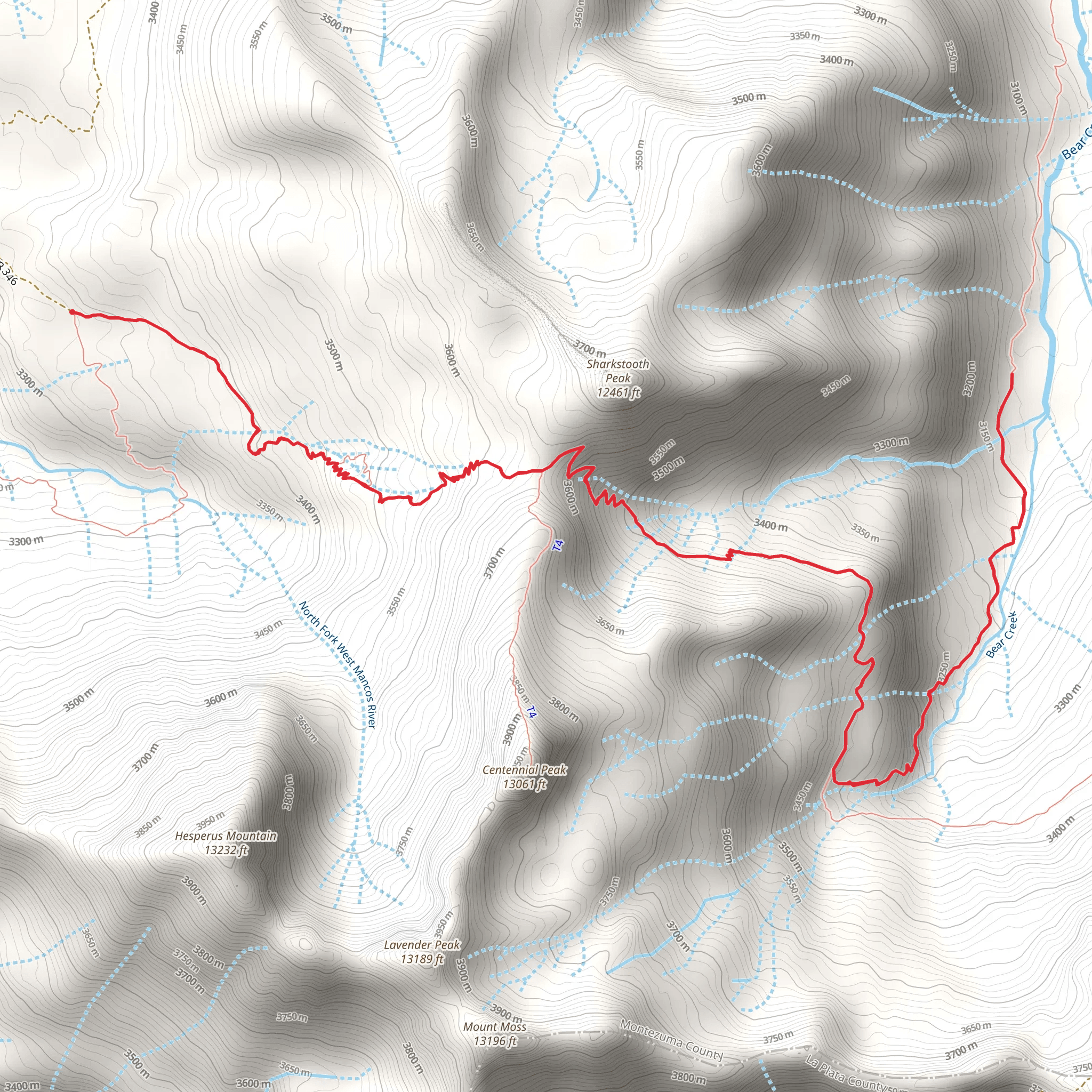 Sharkstooth Pass via Sharkstooth Peak Trail and Bear Creek Trail mobile static map