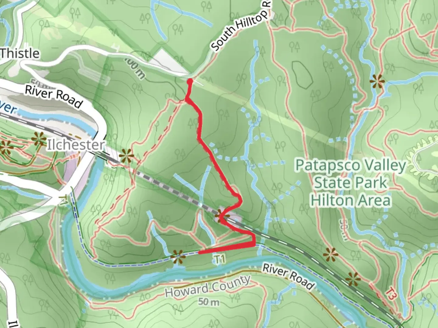 An image depicting the trail Drugs and Grist Mill Trail and its surrounding area.