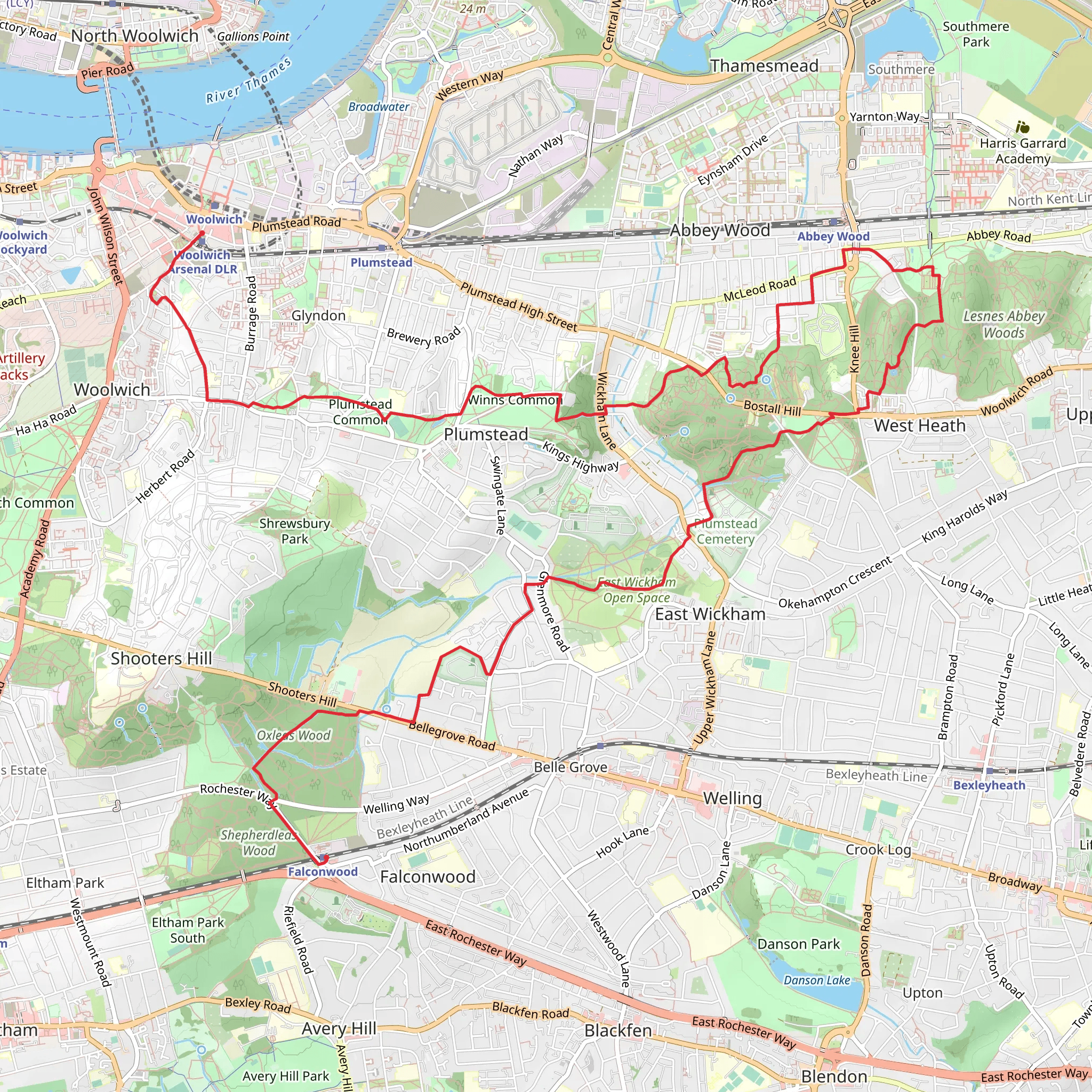 Woolwich Arsenal to Falconwood Walk mobile static map