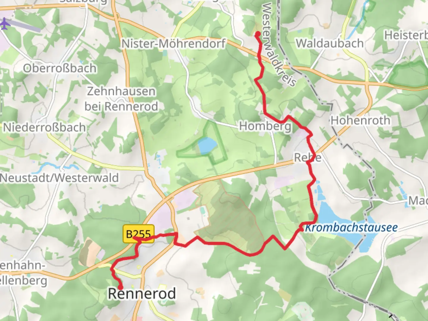 An image depicting the trail Gipfelkreuz Fuchskaute and Krombachstausee via R6 and its surrounding area.