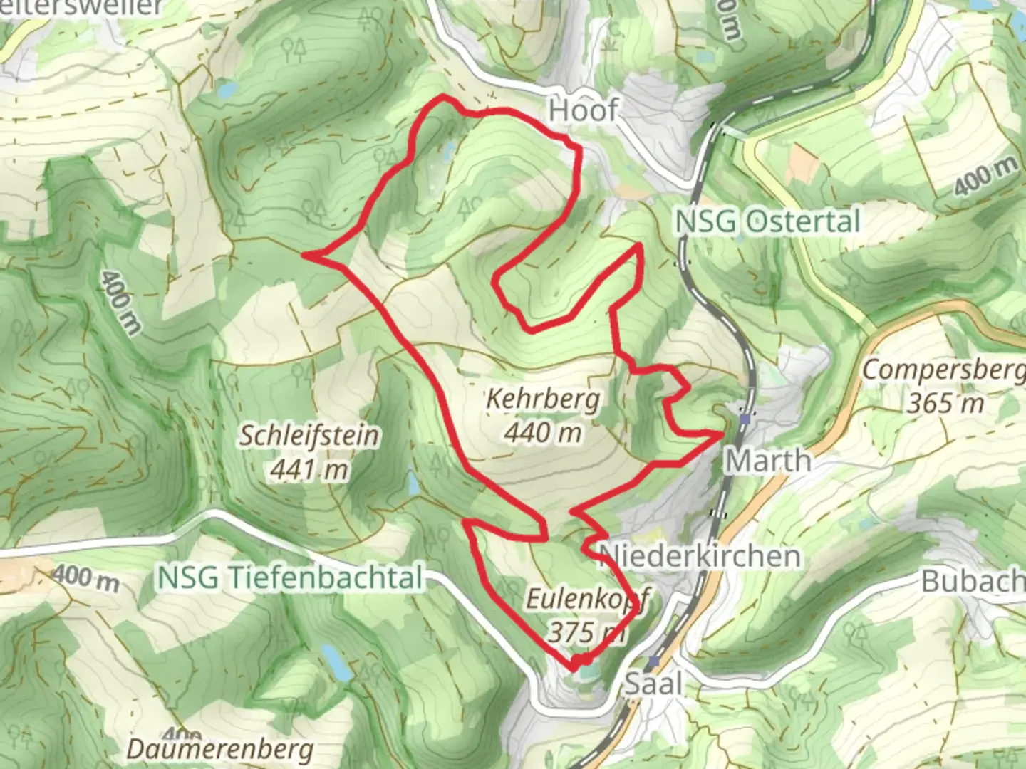 An image depicting the trail Elzenberg and Hohlstrasse Loop and its surrounding area.