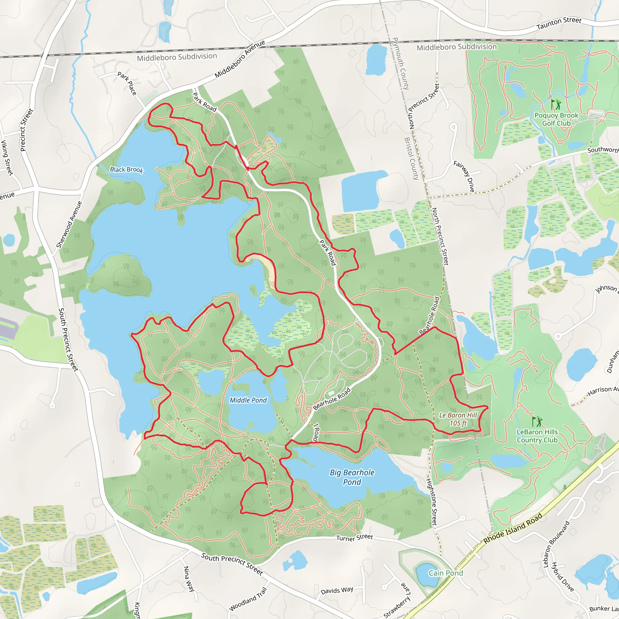 Big Bearhole Pond and Le Baron Loop mobile static map