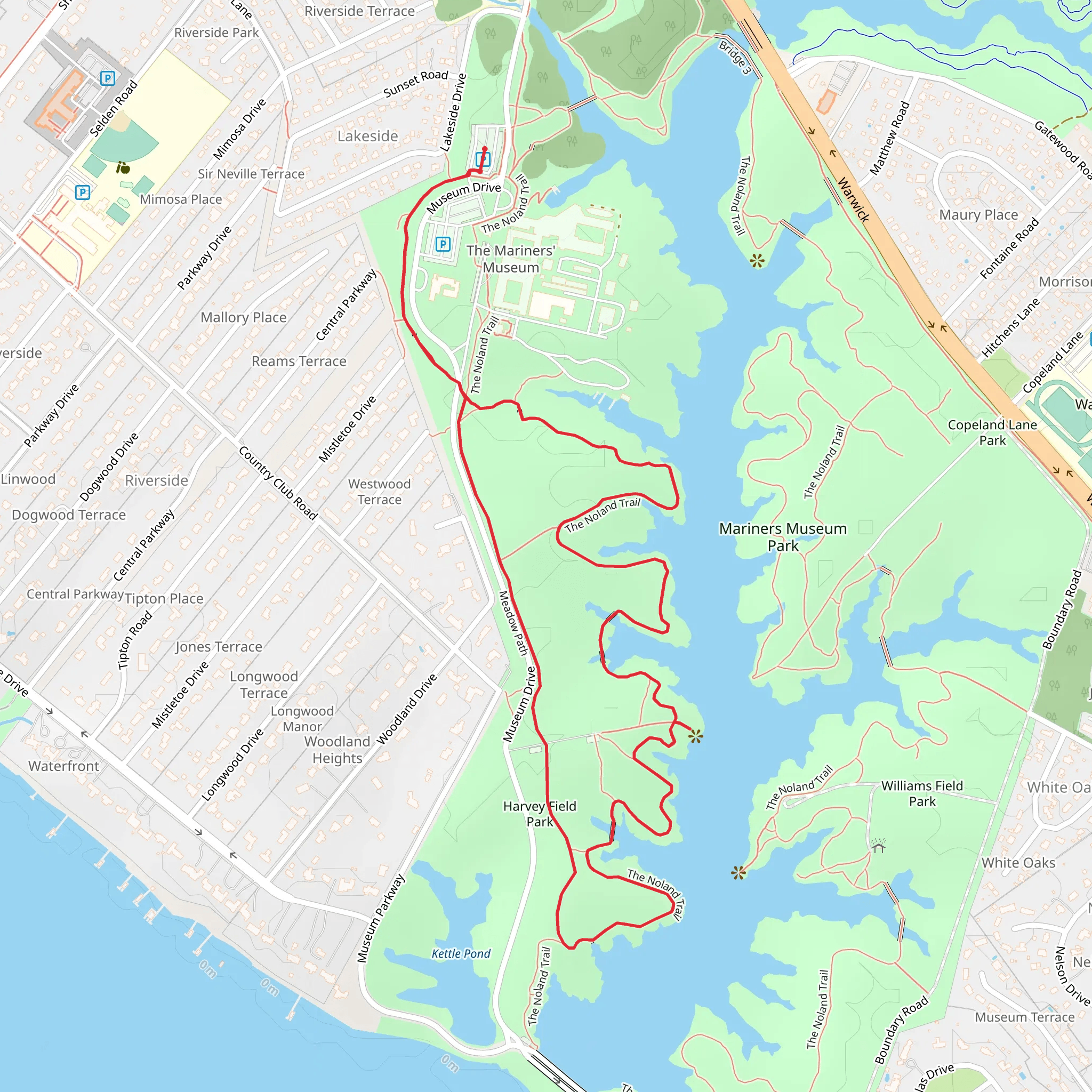 The Noland Trail and Meadow Path via Harvey Field Park mobile static map
