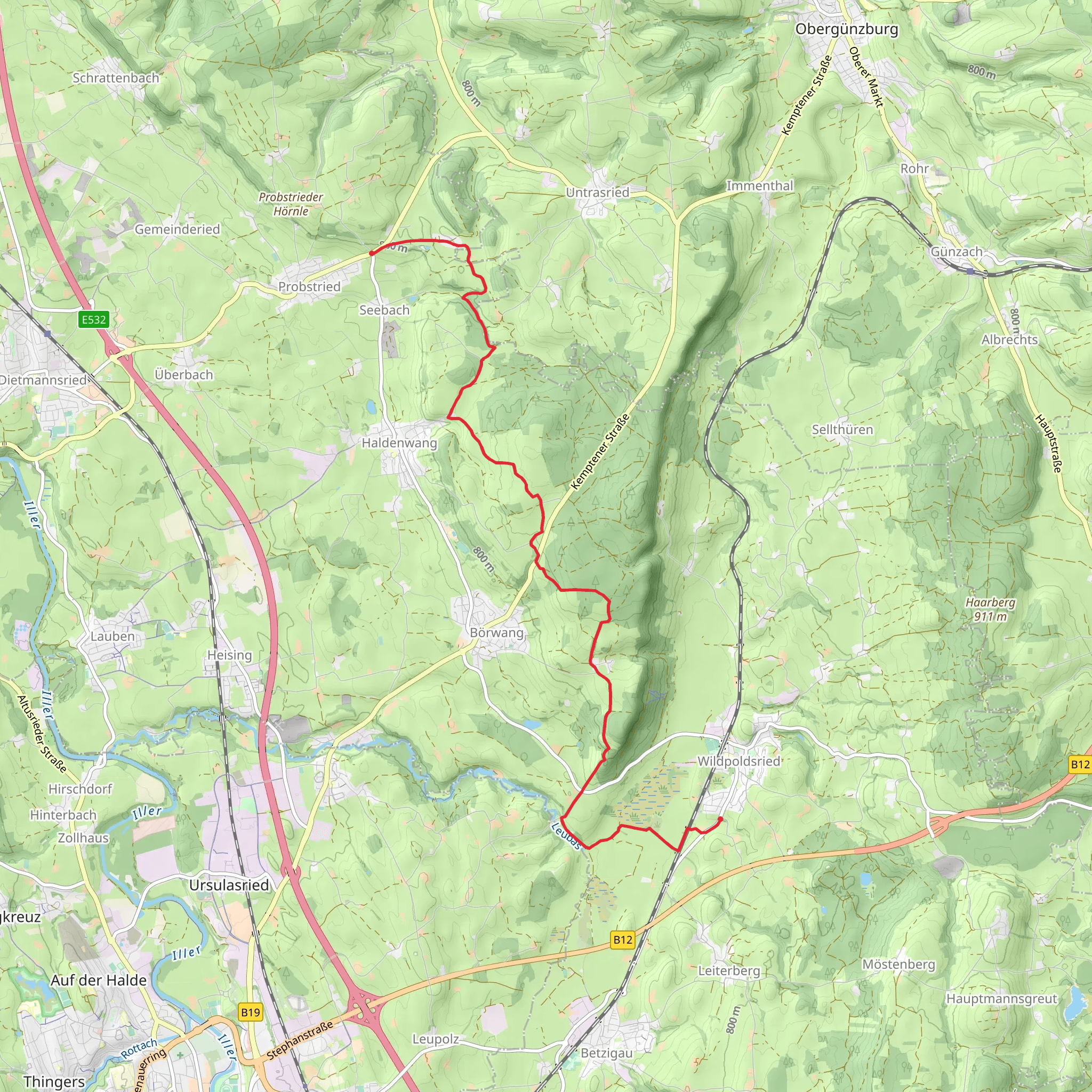Wildpoldsried to Pfaffenhofen via Bergstrasse mobile static map
