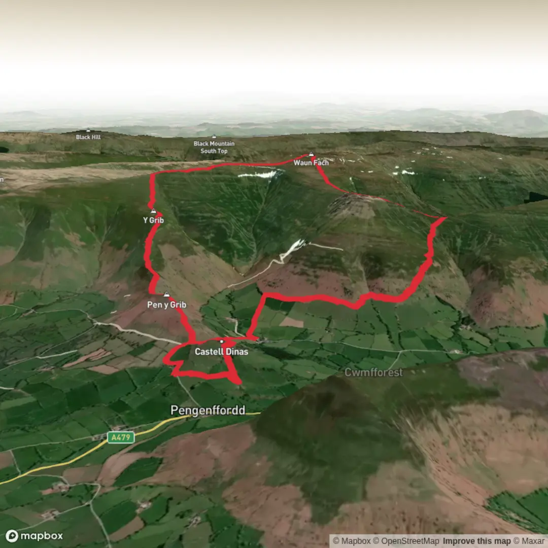 An image depicting the trail Castell Dinas, The Dragons Back & Waun Fach Loop and its surrounding area.