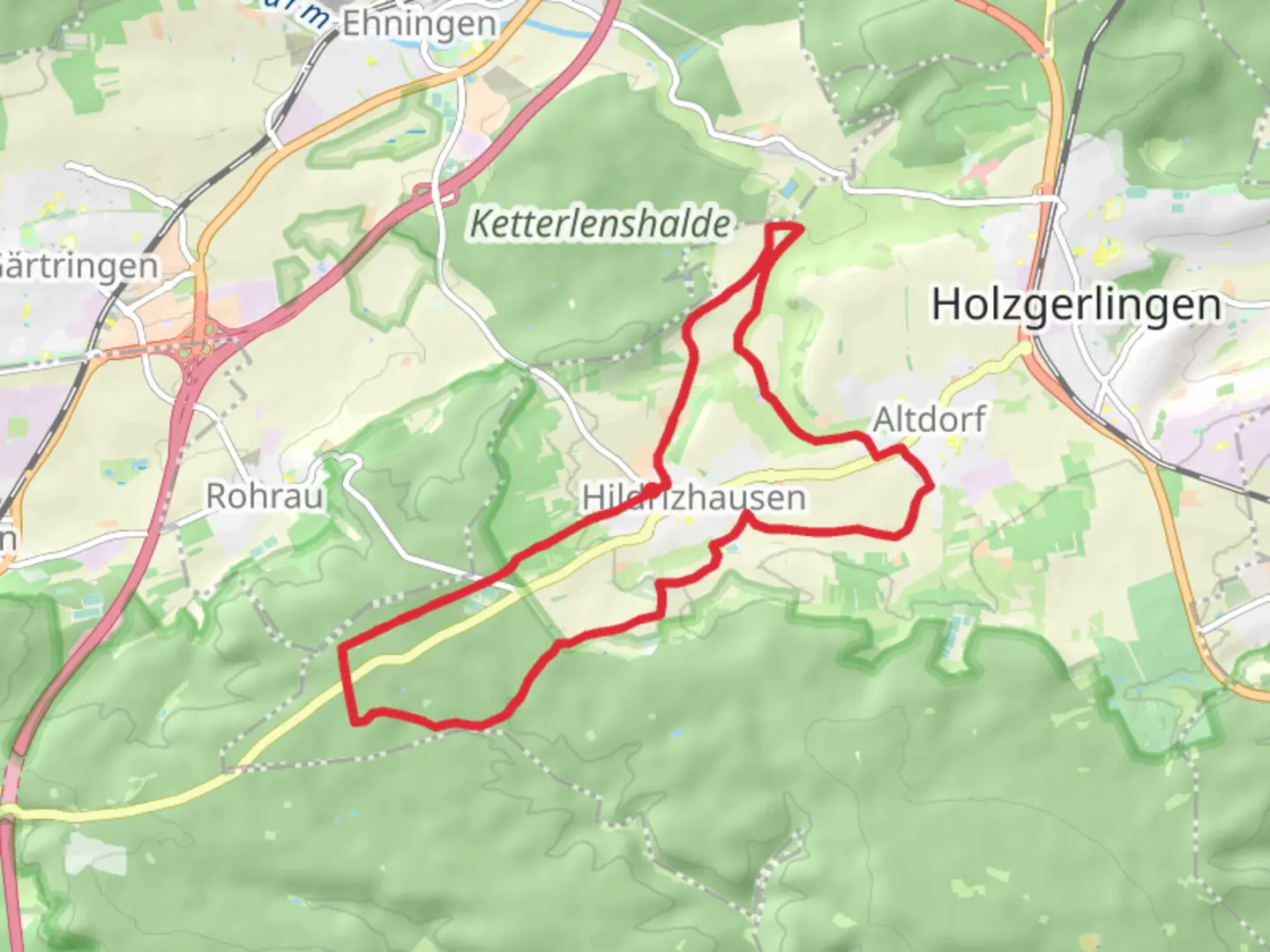 An image depicting the trail Hildrizhausen Loop and its surrounding area.