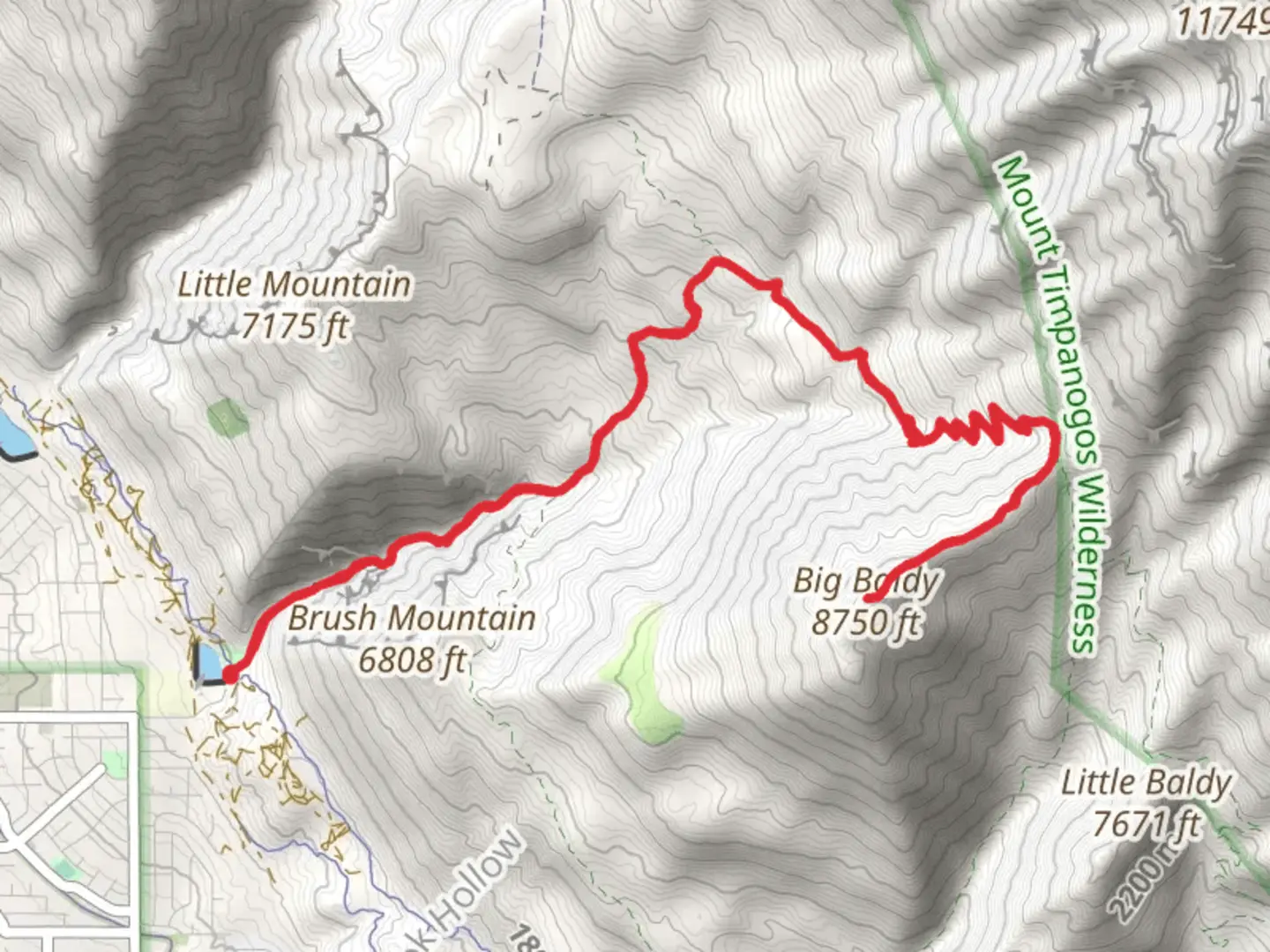 An image depicting the trail Big Baldy via Battle Creek Trail and Dry Canyon Trail and its surrounding area.