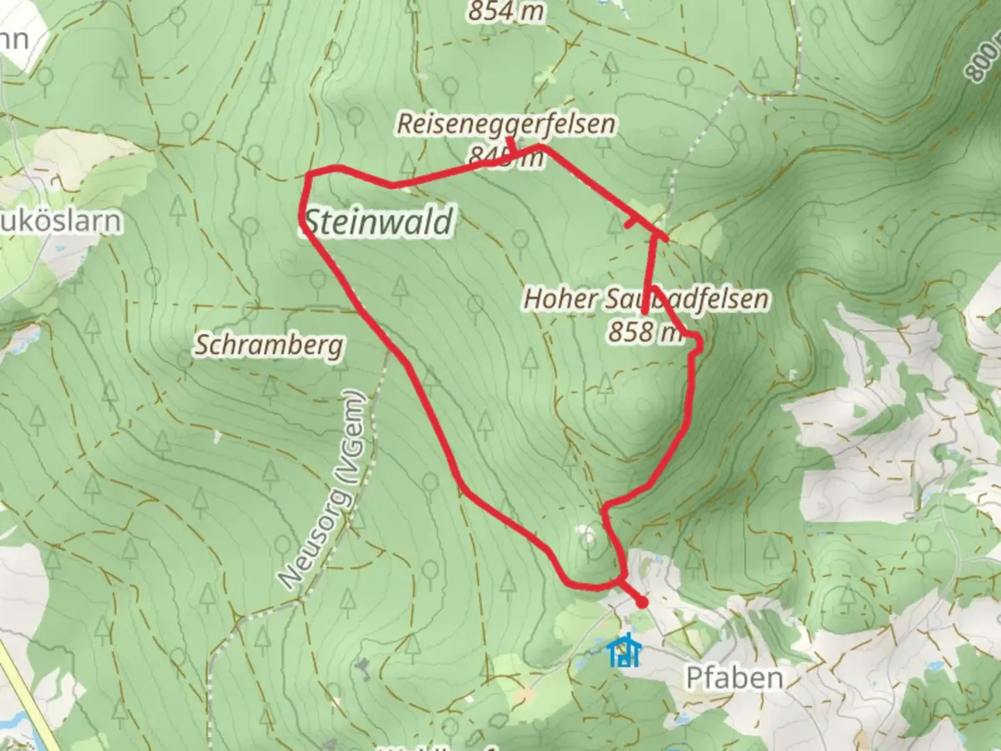 An image depicting the trail Zipfeltannenfelsen, Reiseneggerfelsen and Saudadfelsen Loop and its surrounding area.
