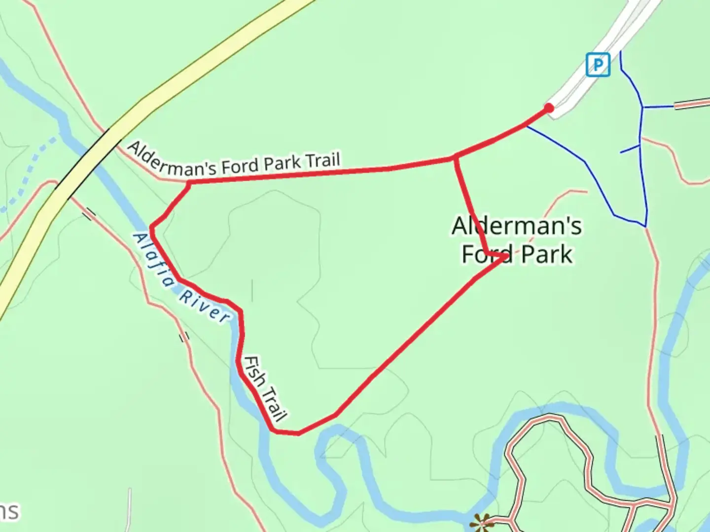 An image depicting the trail Alderman's Ford Park Loop and its surrounding area.