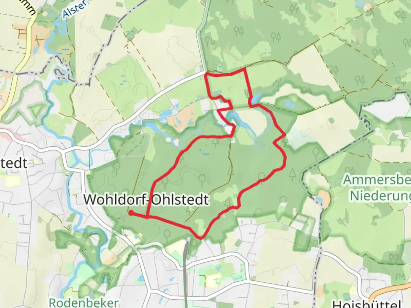 An image depicting the trail Ohlstedt Kayhude and Kupferteich Loop and its surrounding area.