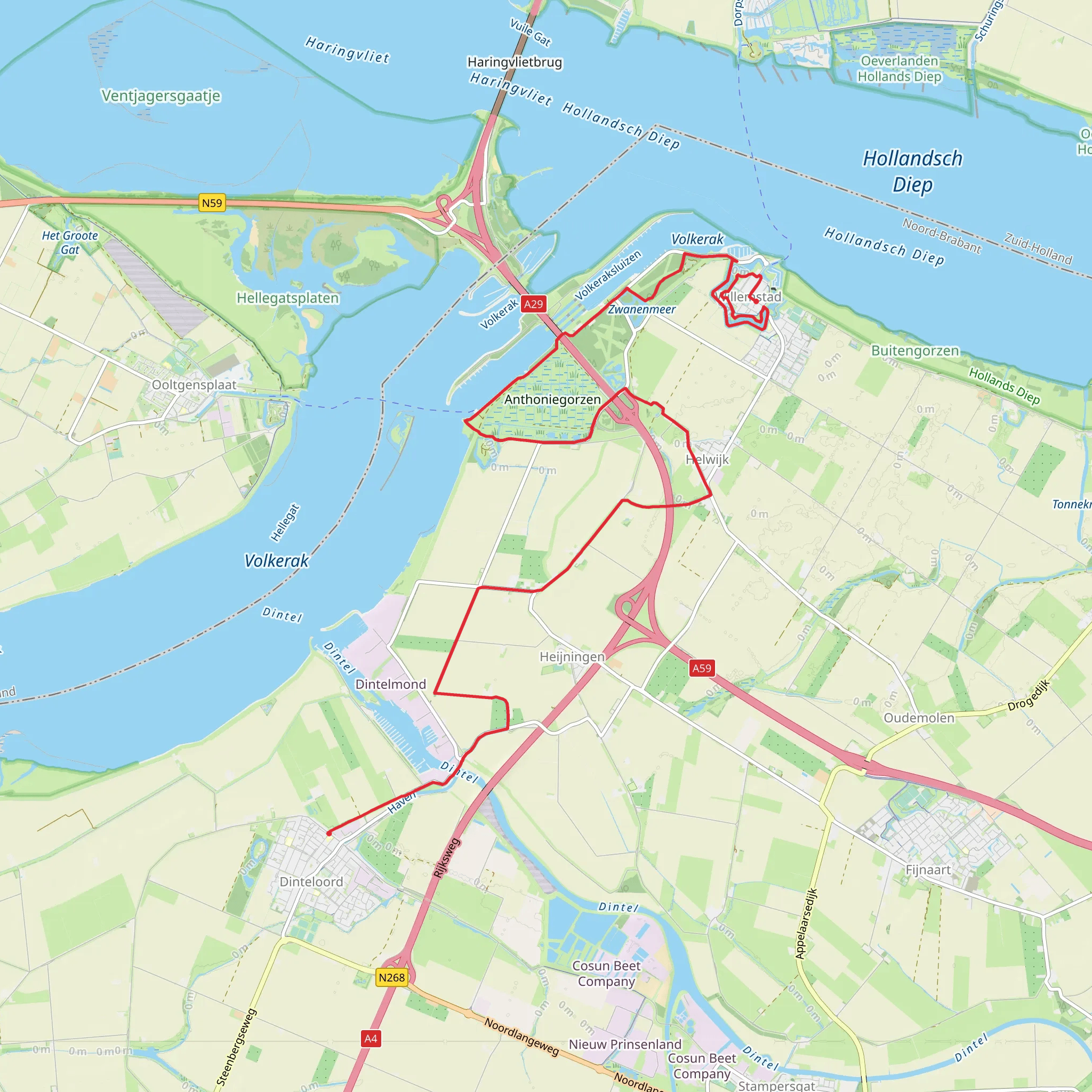 Dinteloord to Willemstad via Sint Antoniegorzen and Zwanenmeer mobile static map