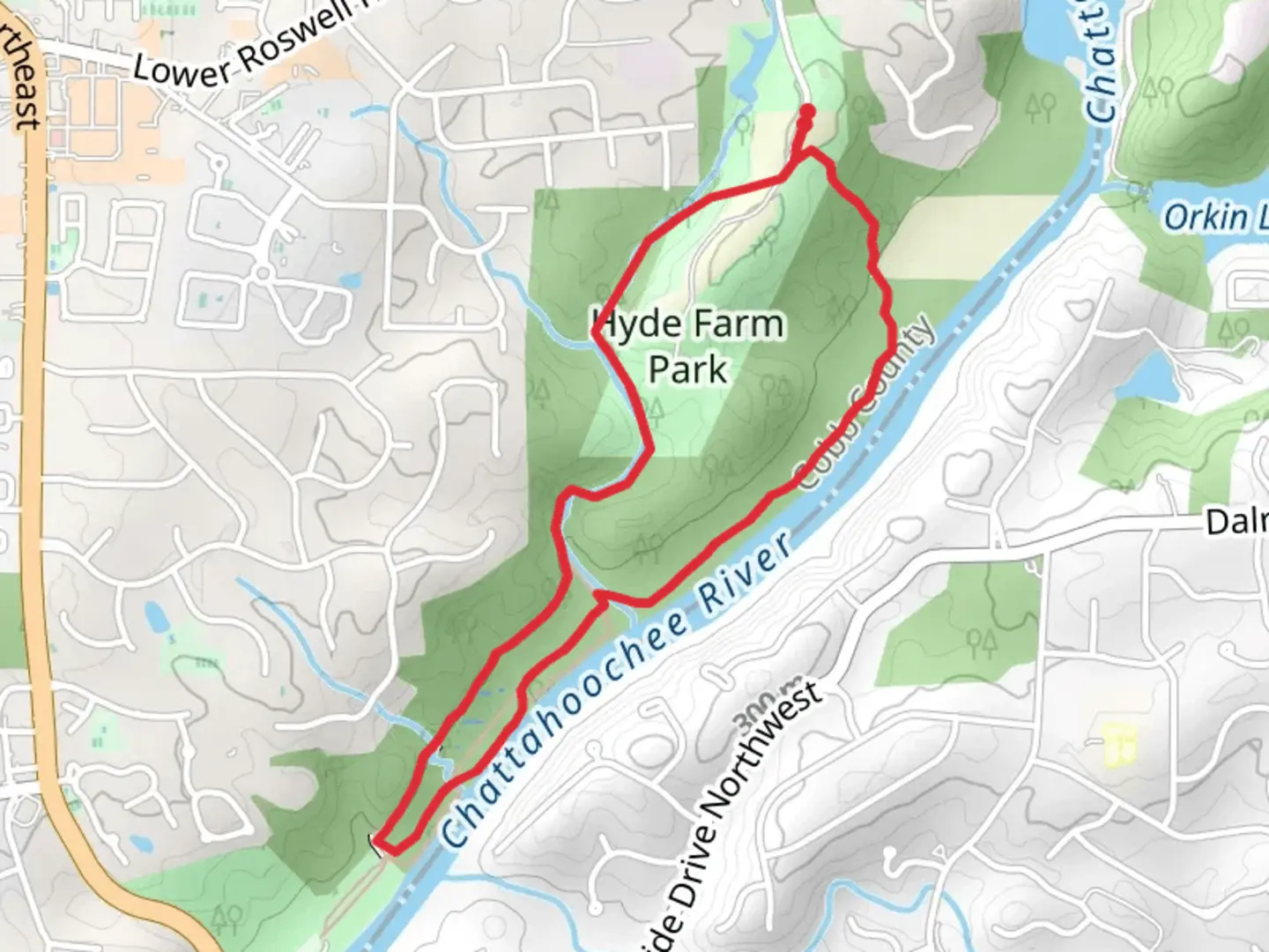 An image depicting the trail Chattahoochee River Shore Loop from Hyde Road Northeast and its surrounding area.