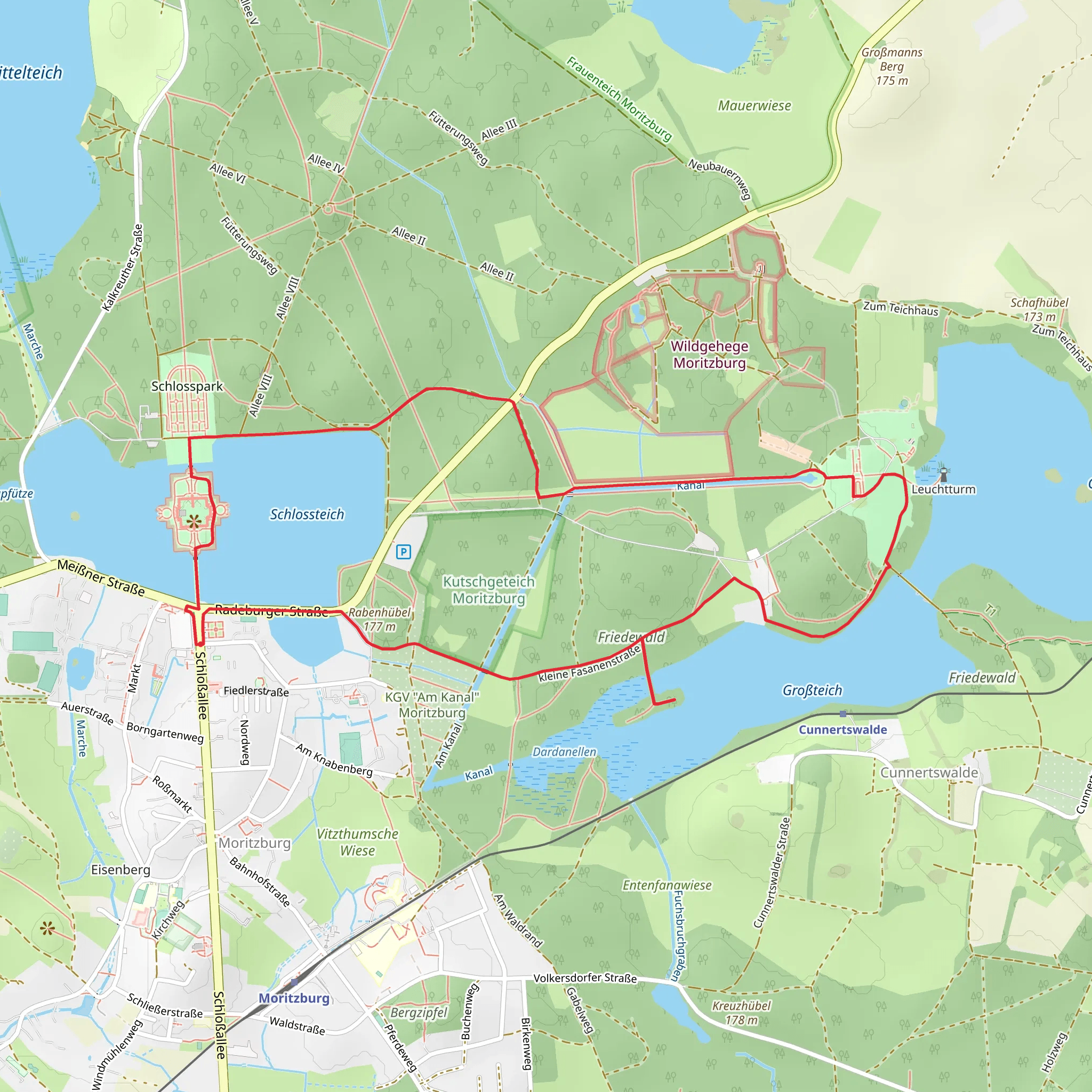 MoritzburgCastle, Schwanenteich, Fasanenschlösschen and Großteich Loop via Gelber Punkt mobile static map