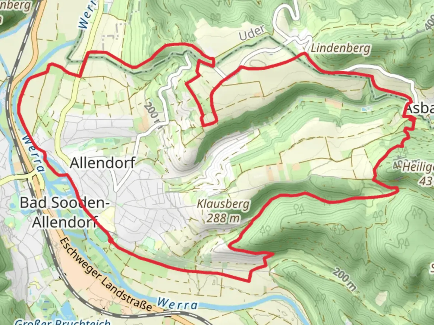 An image depicting the trail Bad Sooden - Allendorf to Asbach SIckenberg Loop and its surrounding area.
