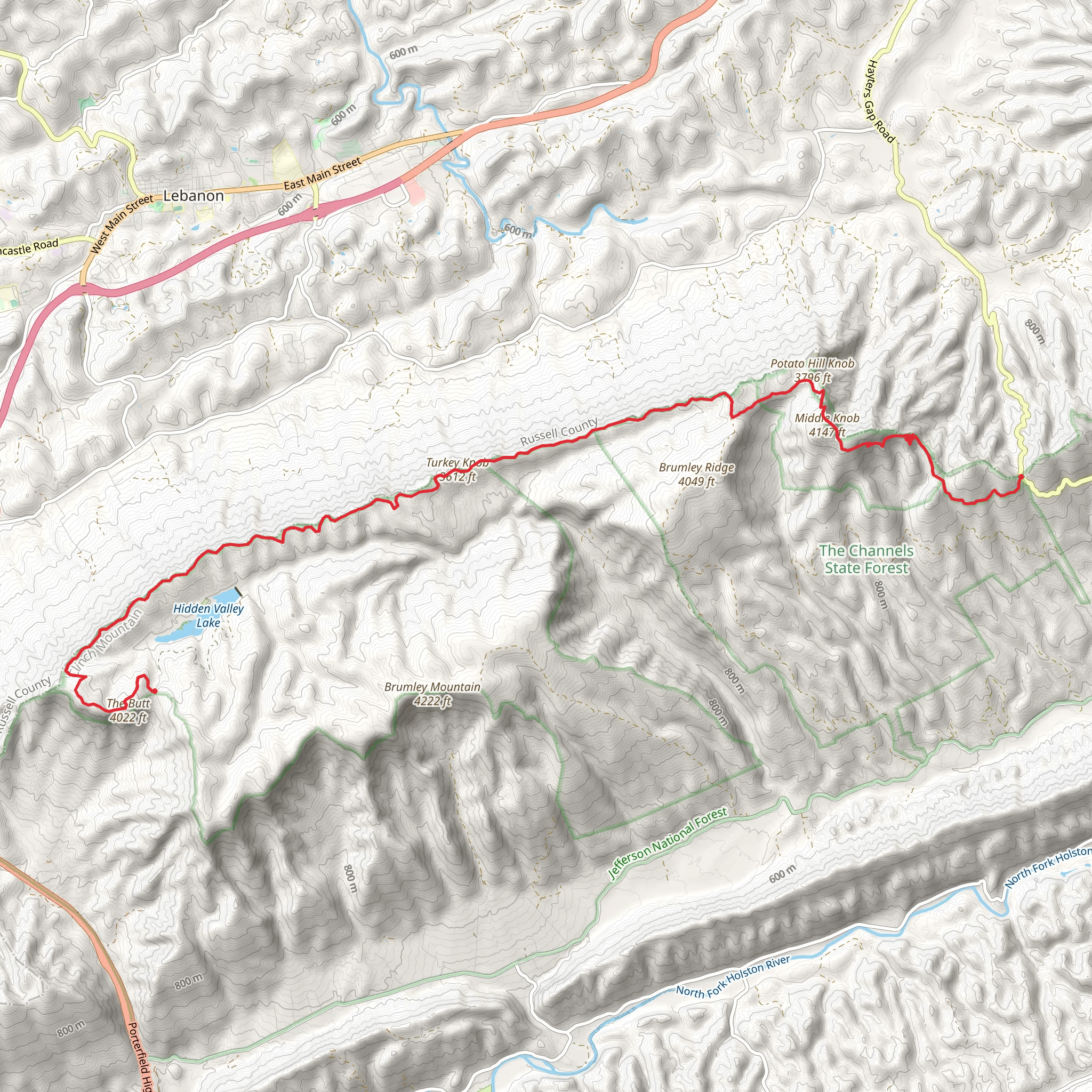 Middle Knob, Potato Hill Knob and Turkey Knob via Brumley Mountain Trail mobile static map