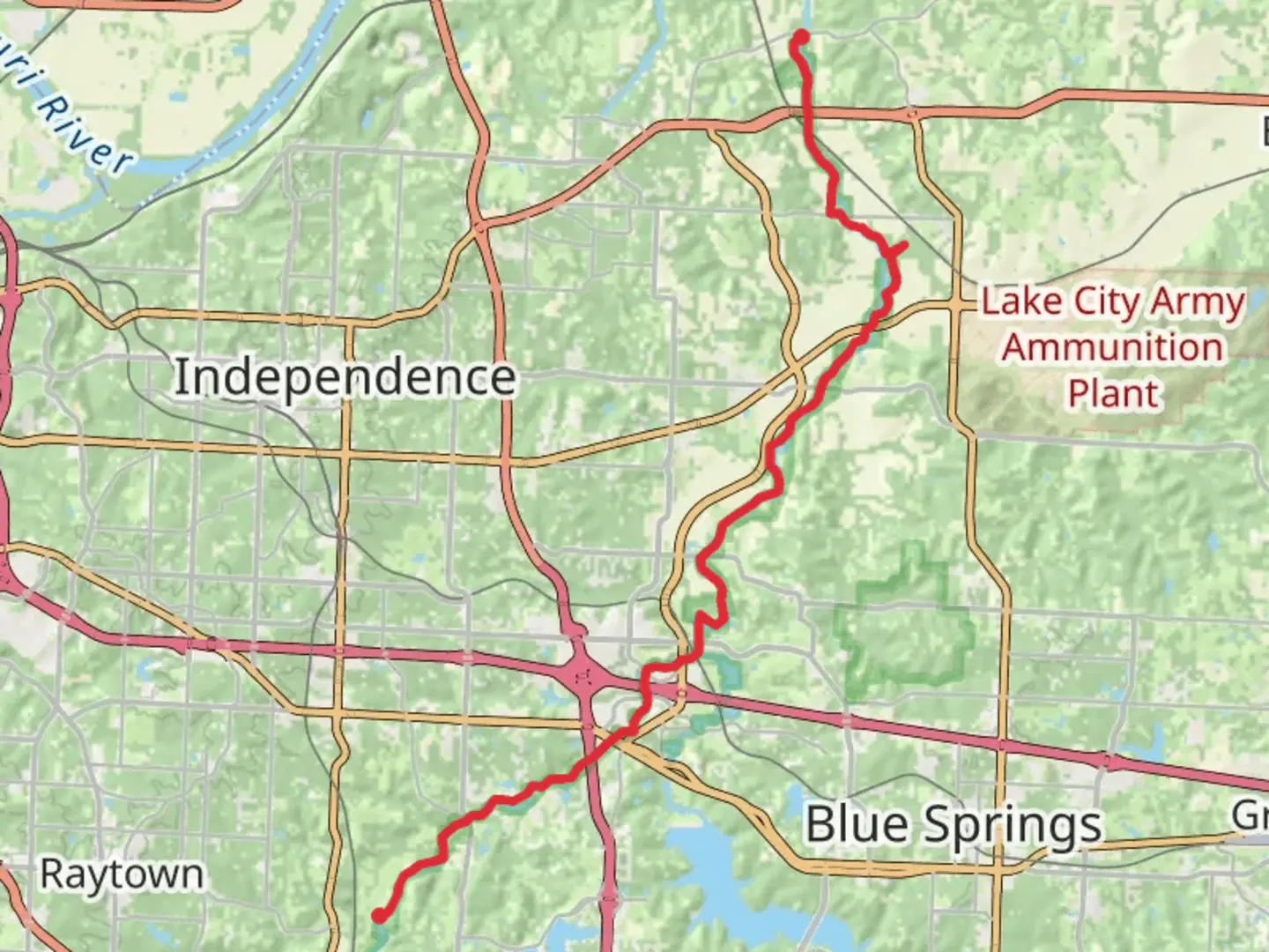 An image depicting the trail Little Blue Trace Trail and its surrounding area.