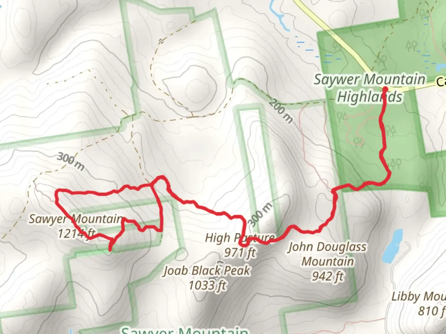 An image depicting the trail Sawyer Mountain from Cape Road and its surrounding area.