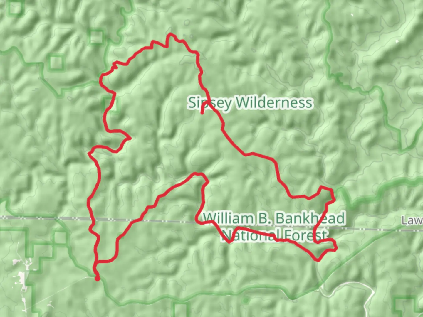 An image depicting the trail Rippey Wild Hiking, Borden Creek Wild Hiking and Sipsey Wild Hiking Loop Trail and its surrounding area.