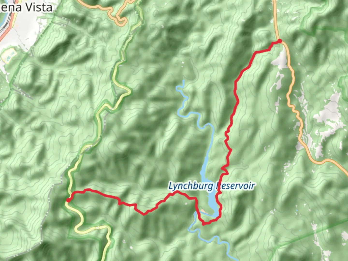 An image depicting the trail Lynchburg Reservoir and Rice Mountain and its surrounding area.