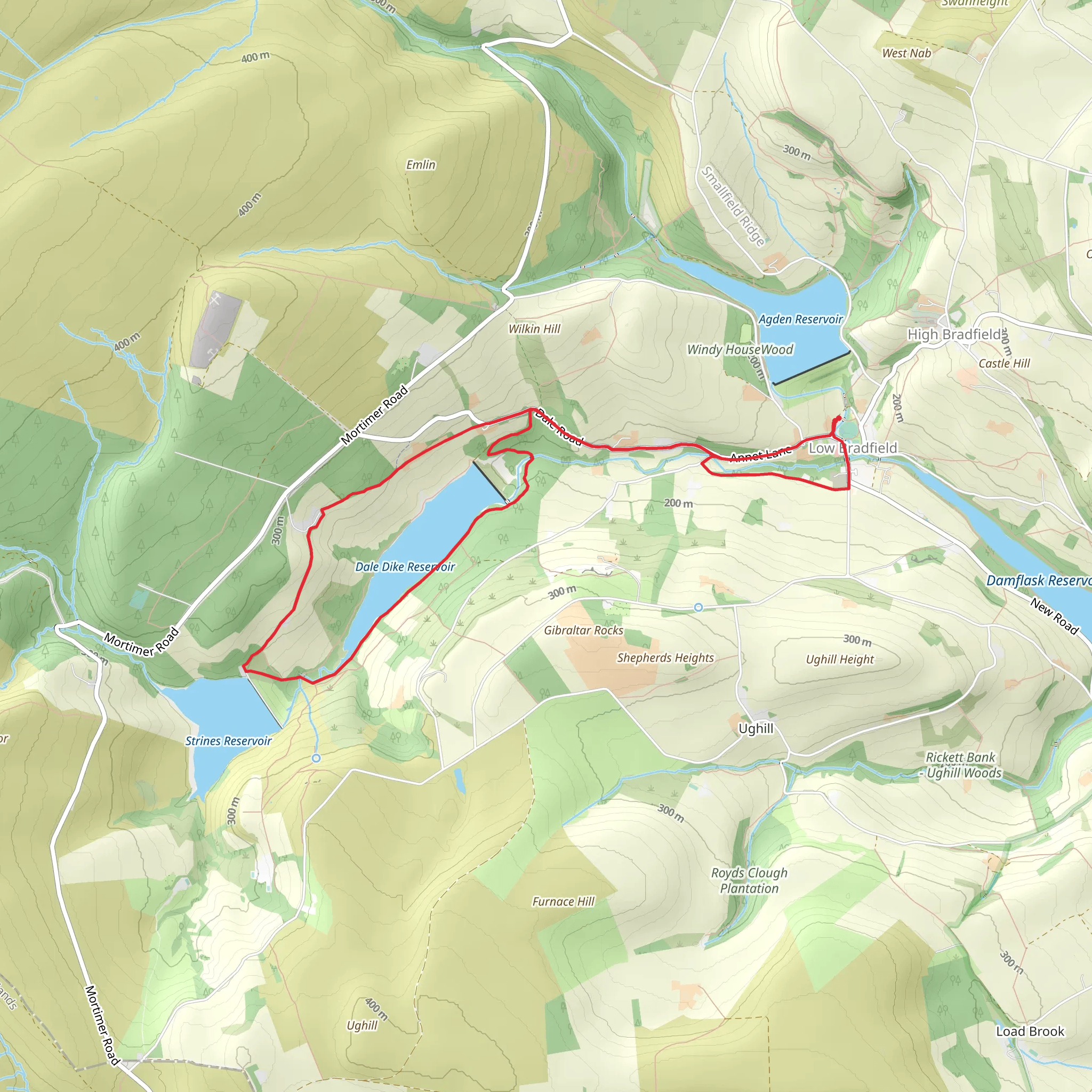 Dale Dike and Strines Reservoir Loop via Agden Reservoir mobile static map