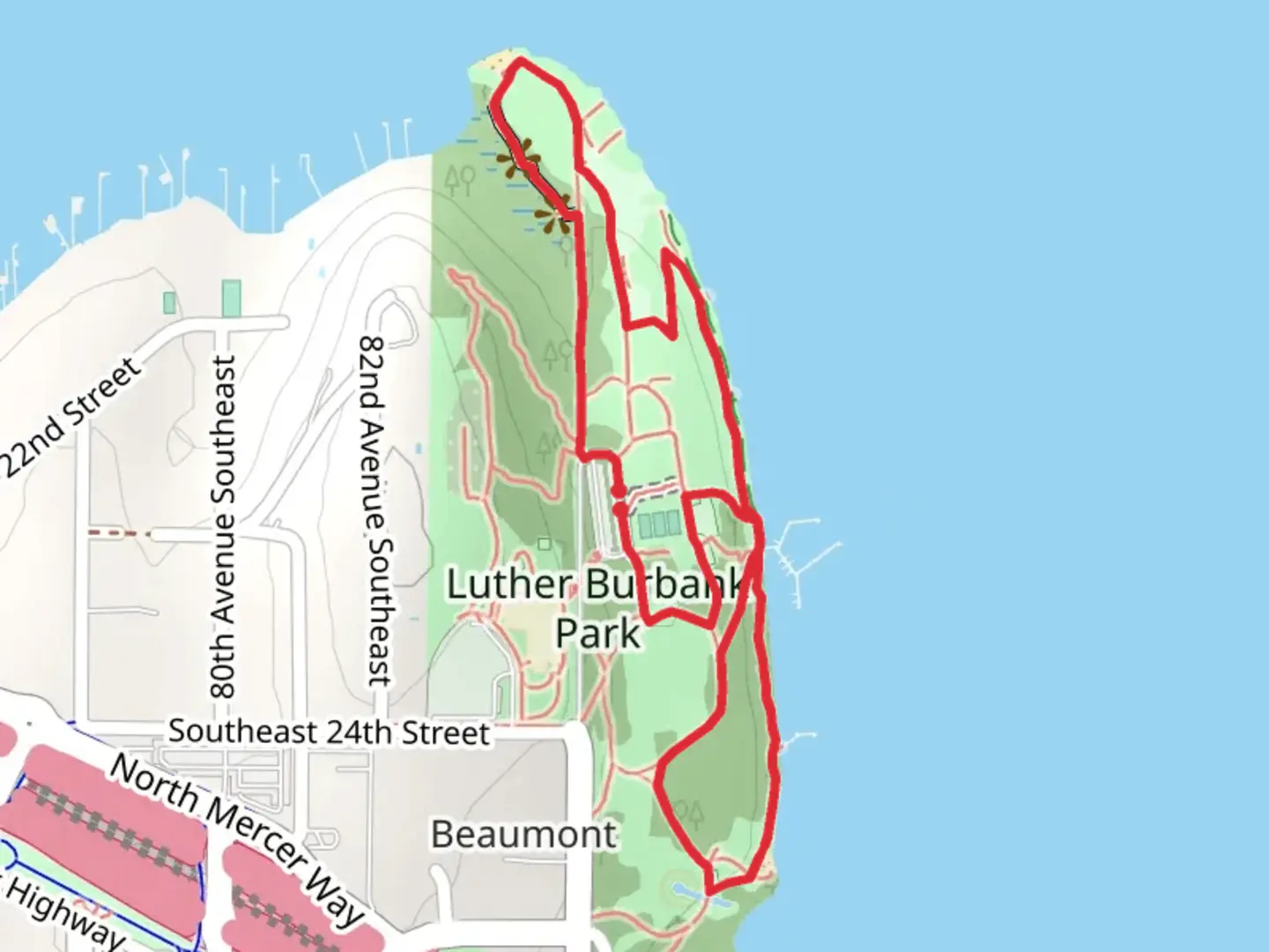 An image depicting the trail Luther Burbank Park and Calkins Point and its surrounding area.