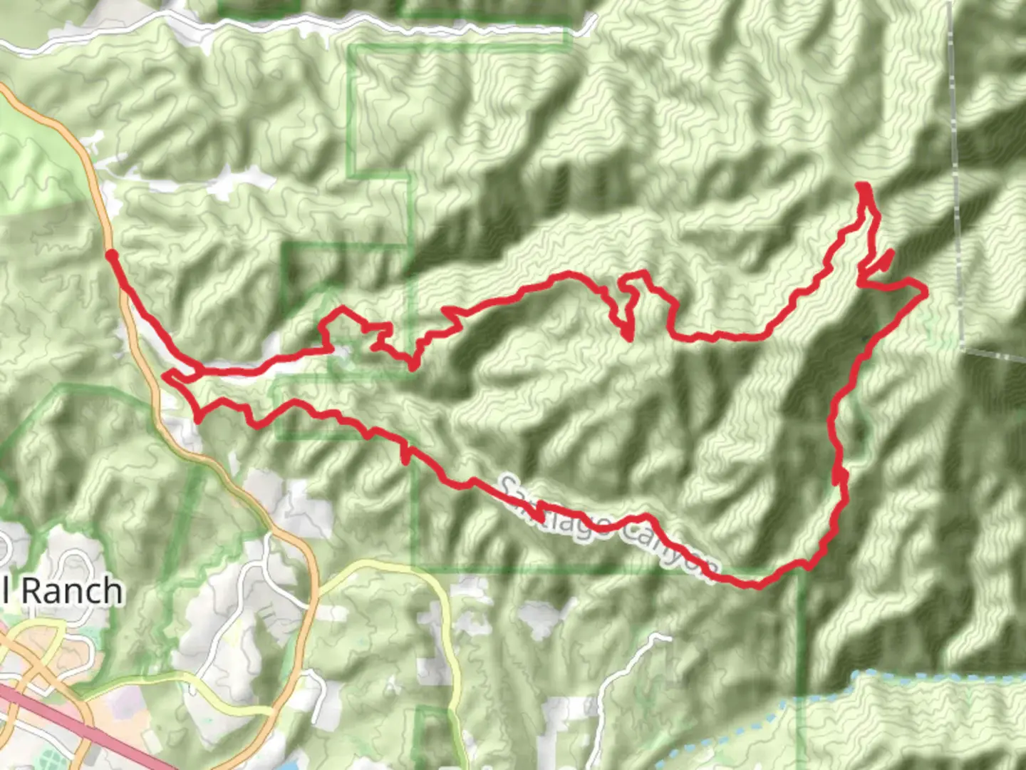 An image depicting the trail Modjeska Peak and Old Camp Loop via Santiago Creek and Joplin Trail and its surrounding area.