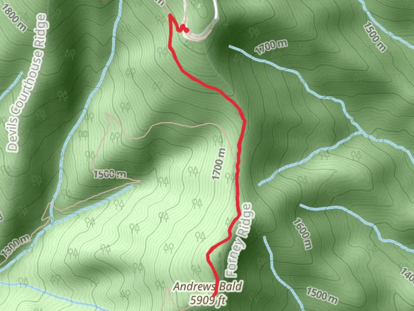 An image depicting the trail Andrews Bald via Forney Ridge Trail and its surrounding area.