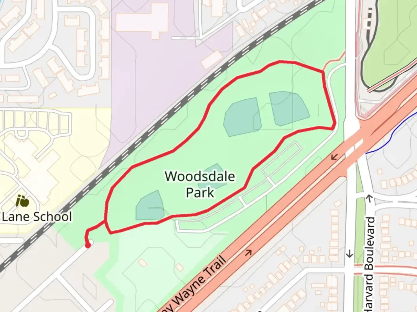 An image depicting the trail Woodsdale Park Loop and its surrounding area.
