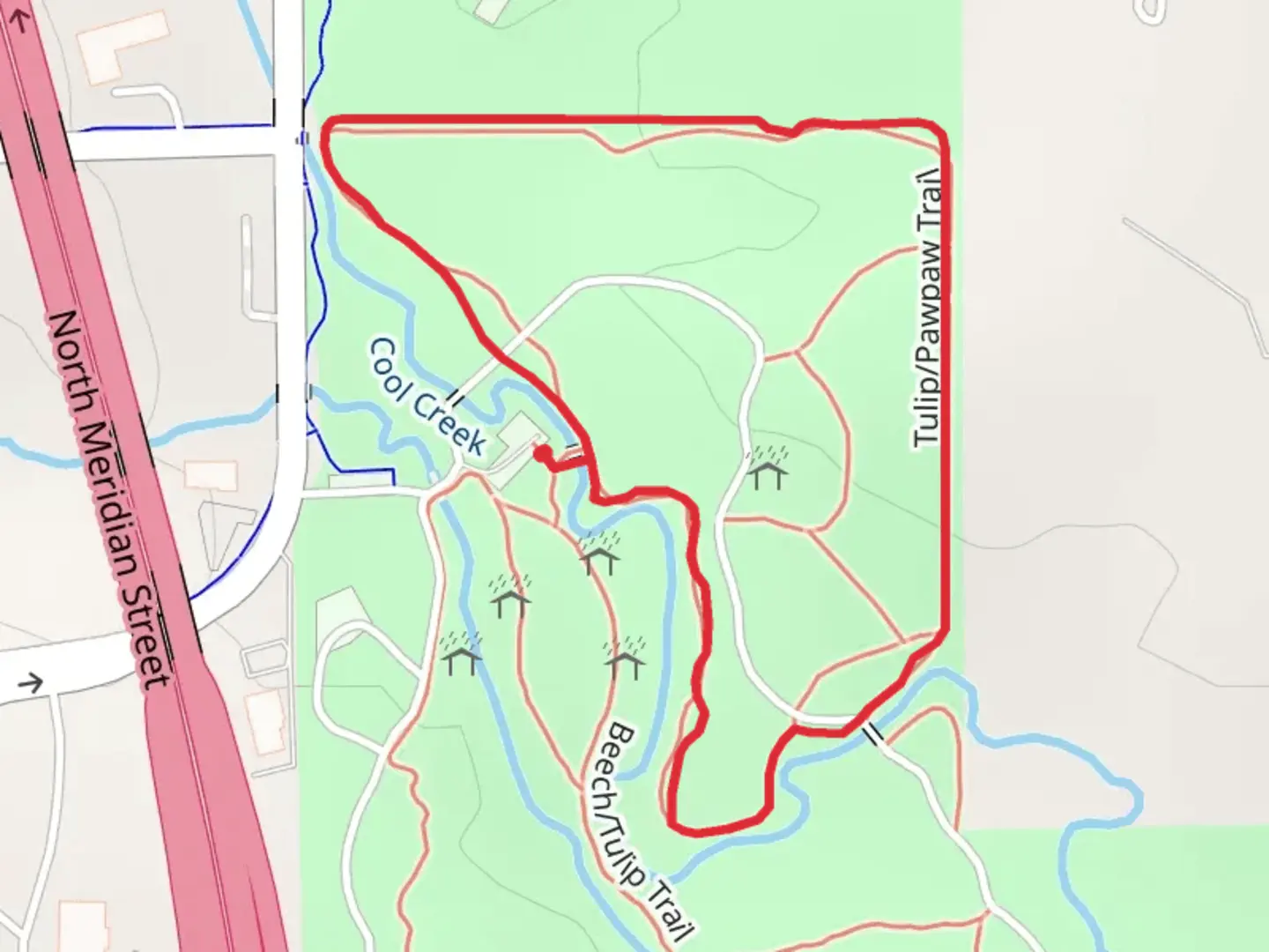 An image depicting the trail Cool Creek Park Loop and its surrounding area.