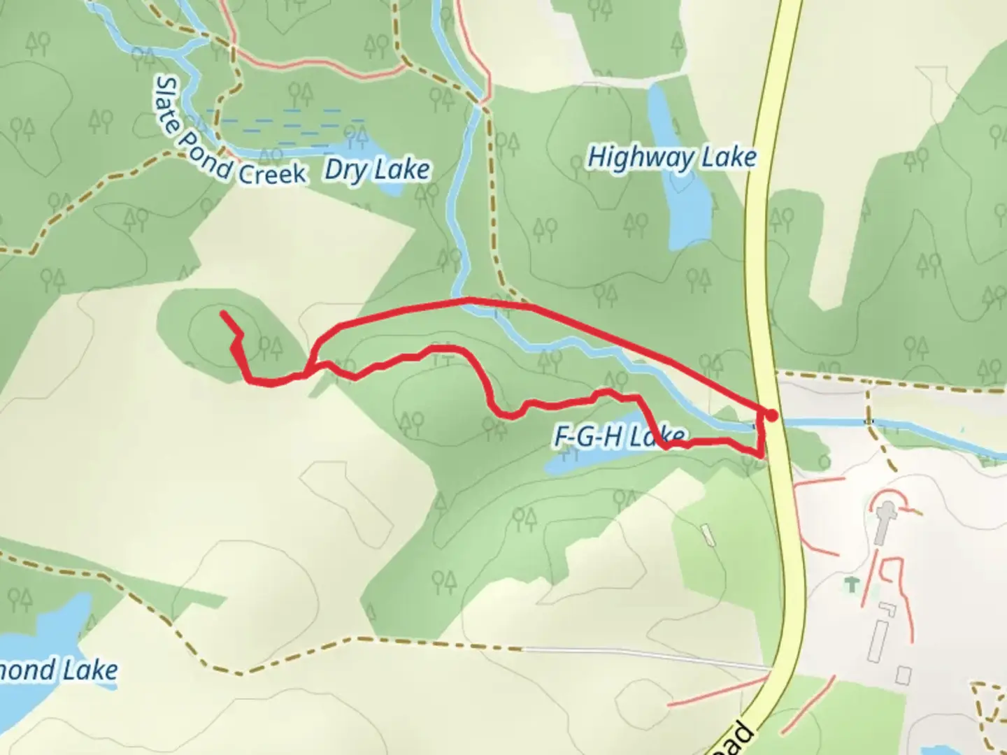 An image depicting the trail F-G-H Lake and Path of Statues Loop and its surrounding area.