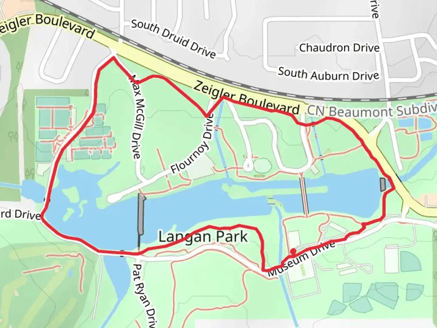 An image depicting the trail Langan Park and Spring Hill Lake Loop and its surrounding area.