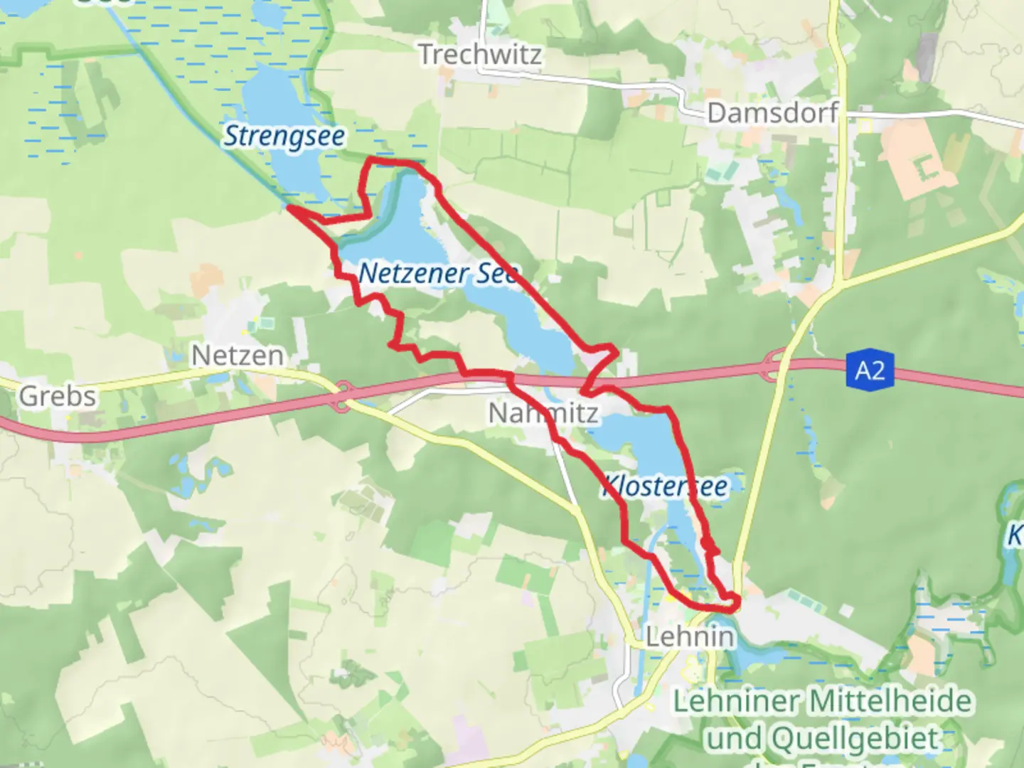 An image depicting the trail Klostersee and Netzener See Loop and its surrounding area.