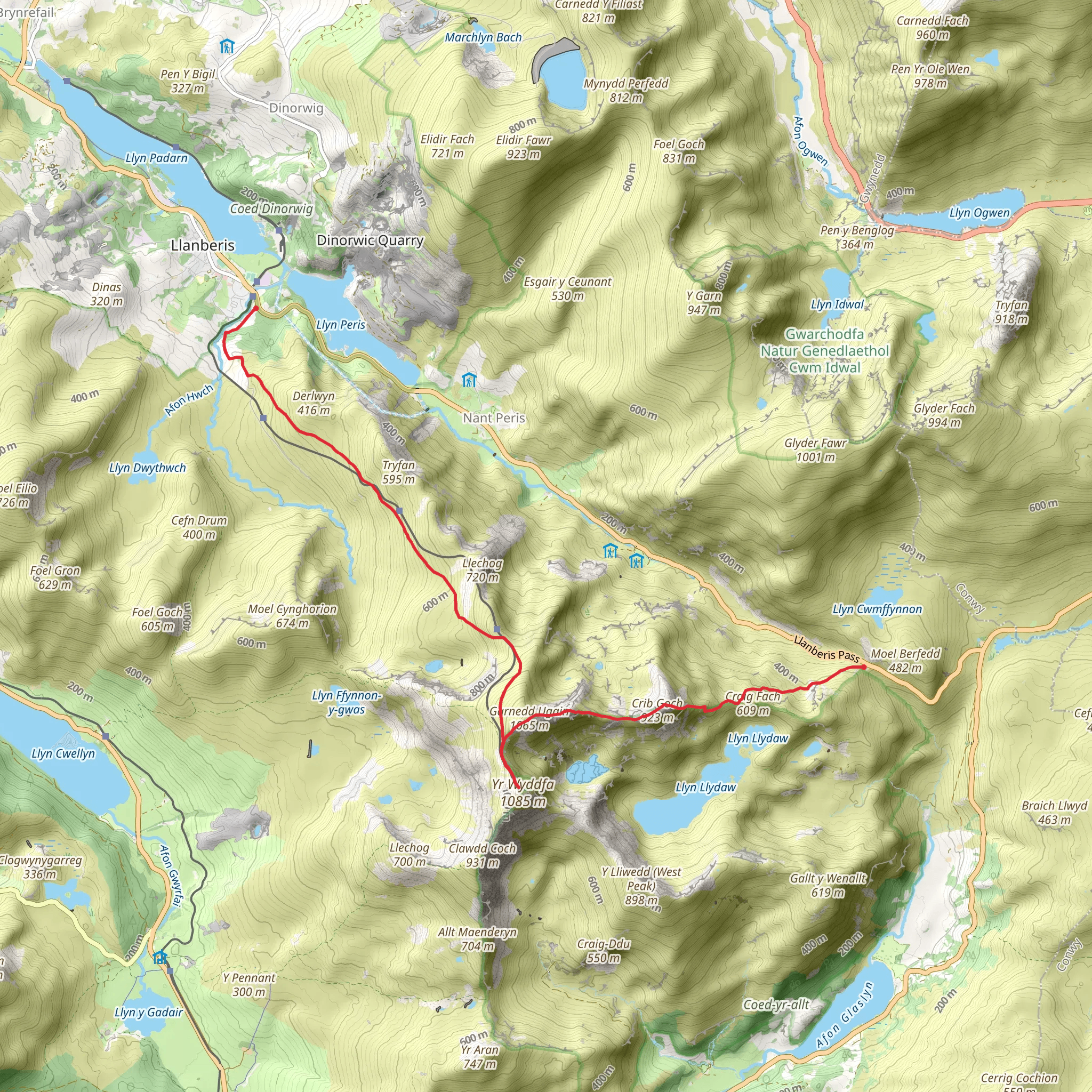Snowdon via Crib Goch from Pen-y-pass mobile static map