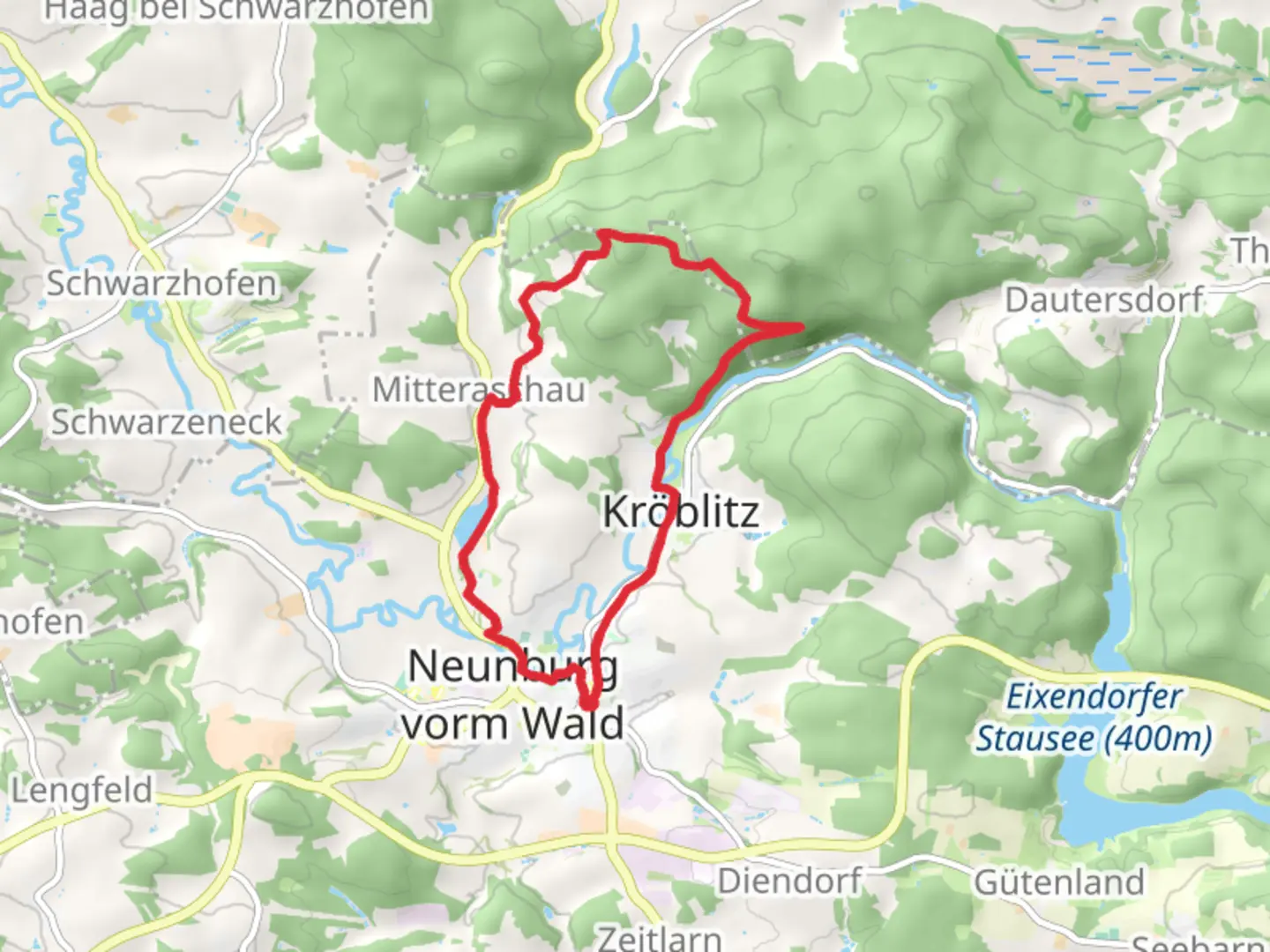 An image depicting the trail Buergerweiher and Obersee via Warbergweg and its surrounding area.