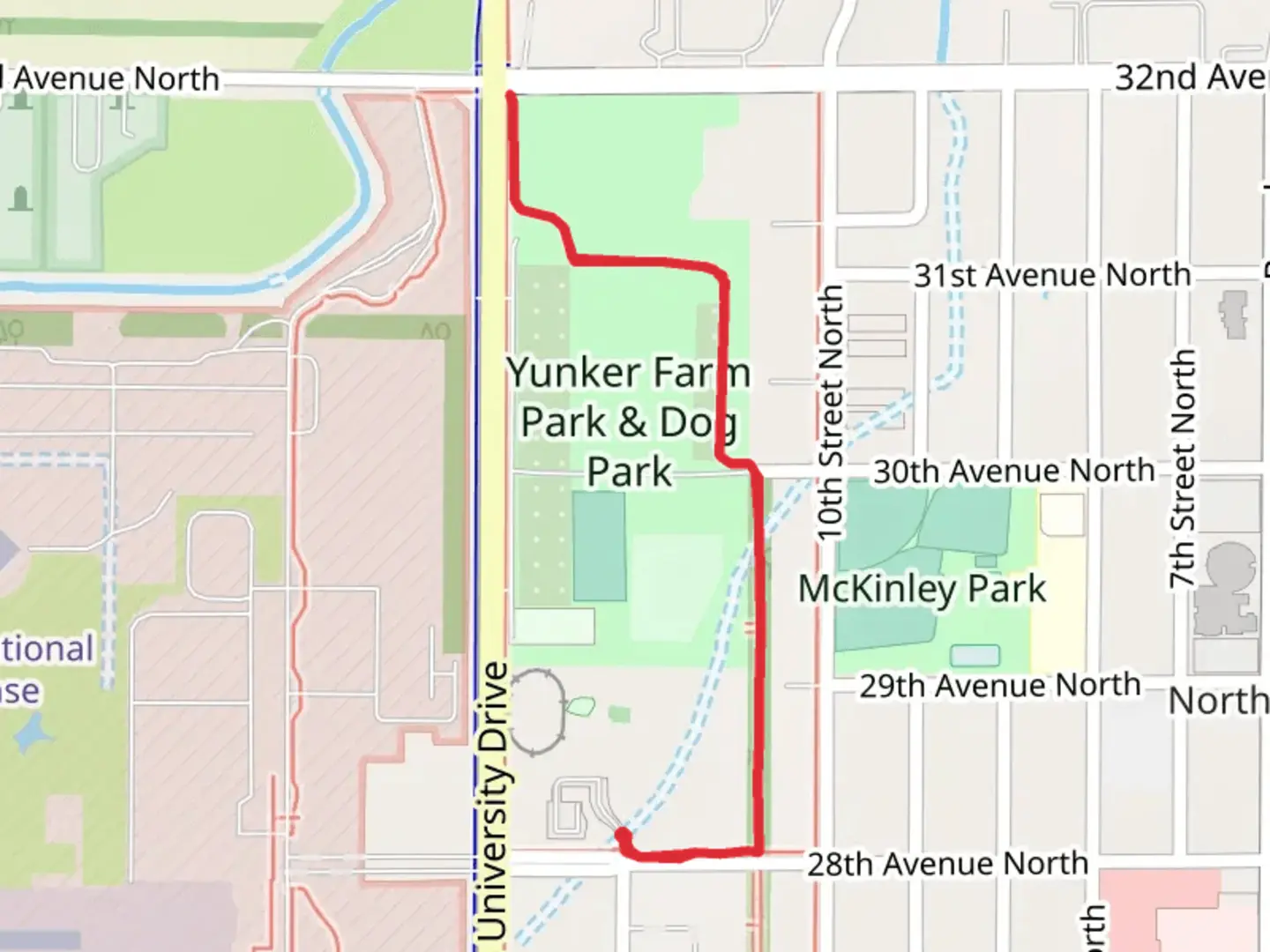 An image depicting the trail Yunker Farm Park and Dog Park Walk and its surrounding area.