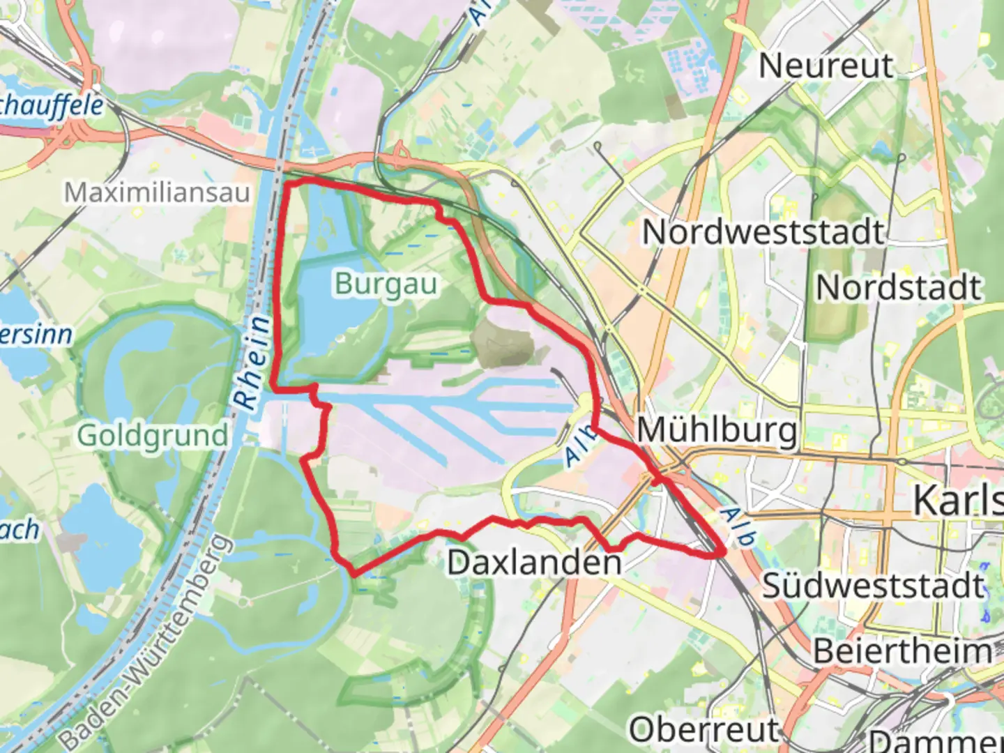 An image depicting the trail Grunwinkel and Knielinger See Loop and its surrounding area.