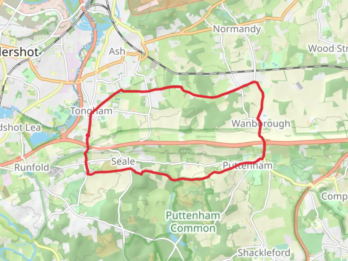 An image depicting the trail Tongham to Wanborough Loop via Ash Green Meadows and its surrounding area.