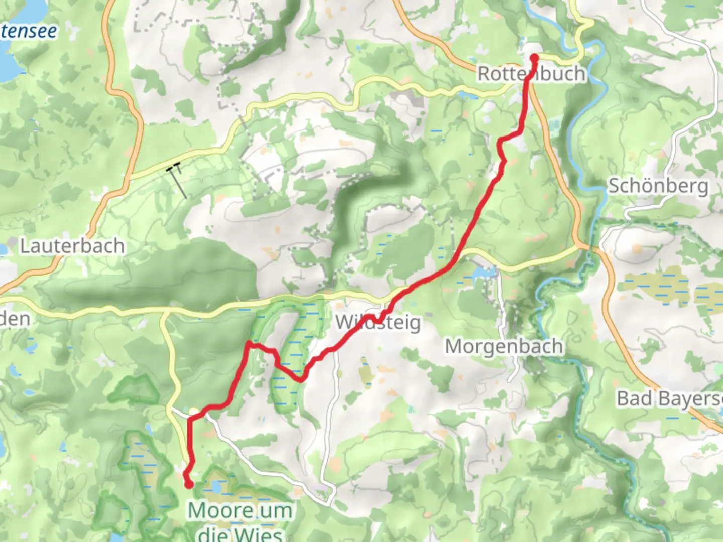 An image depicting the trail Wies to Rottenbuch via Romantische Strasse and its surrounding area.