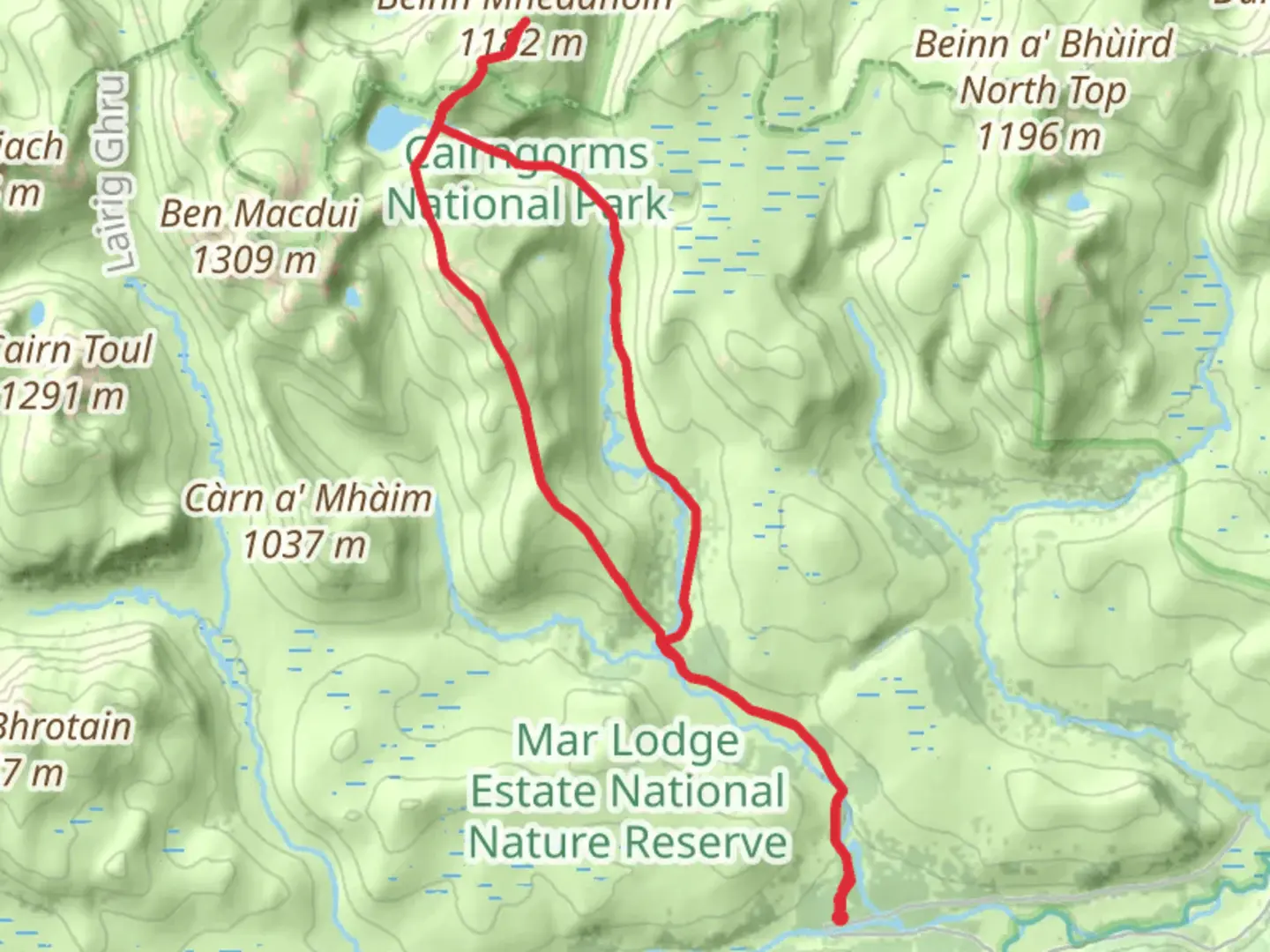 An image depicting the trail Beinn Mheadhoin & Derry Cairngorm and its surrounding area.