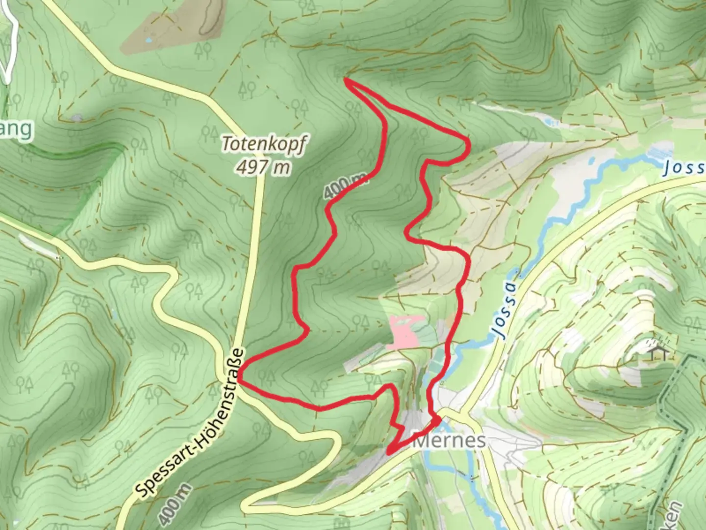 An image depicting the trail Mernes Wanderweg Ahorn Loop and its surrounding area.