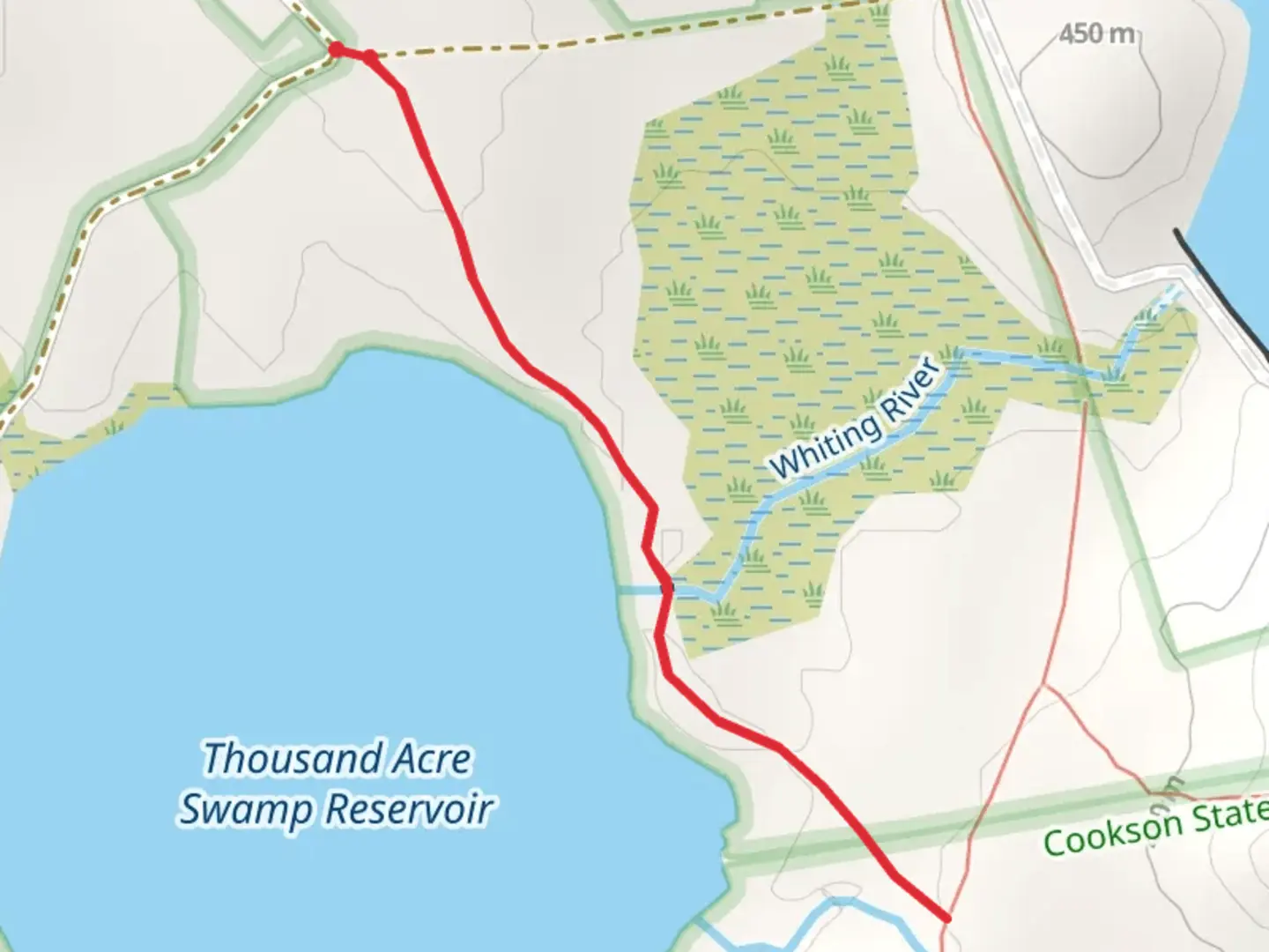 An image depicting the trail Thousand Acre Swamp Reservoir and Mill Pond and its surrounding area.