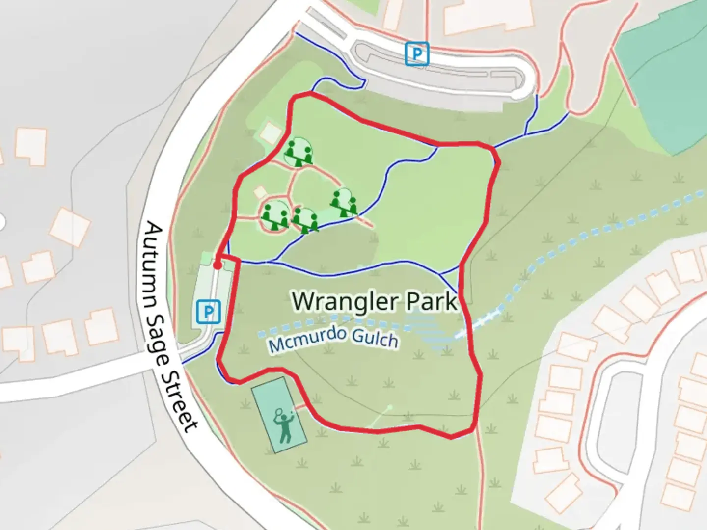 An image depicting the trail Wrangler Park Loop and its surrounding area.